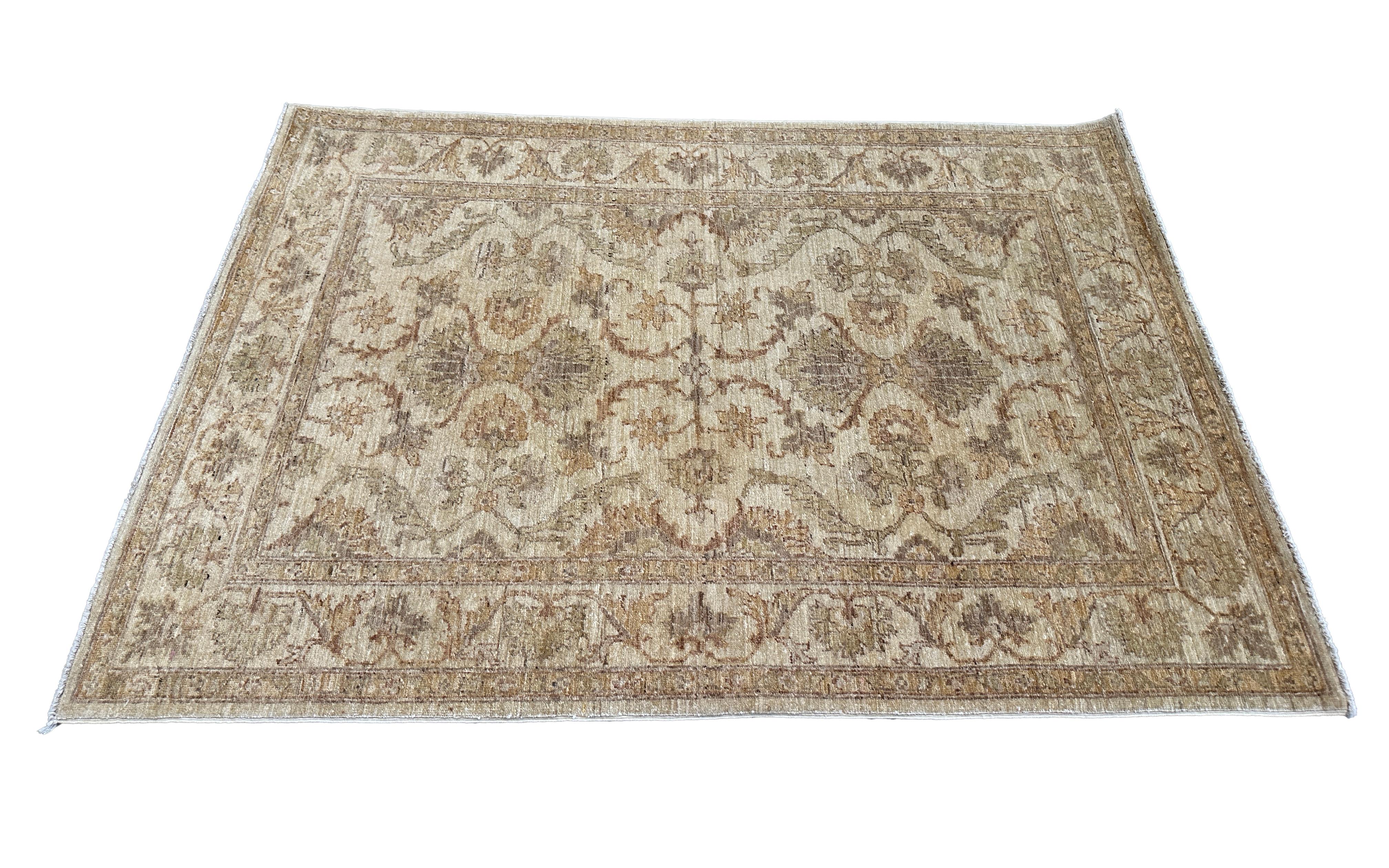 Noué à la main Tapis traditionnel pakistanais en laine - 4x6 Browns et Beiges doux en vente
