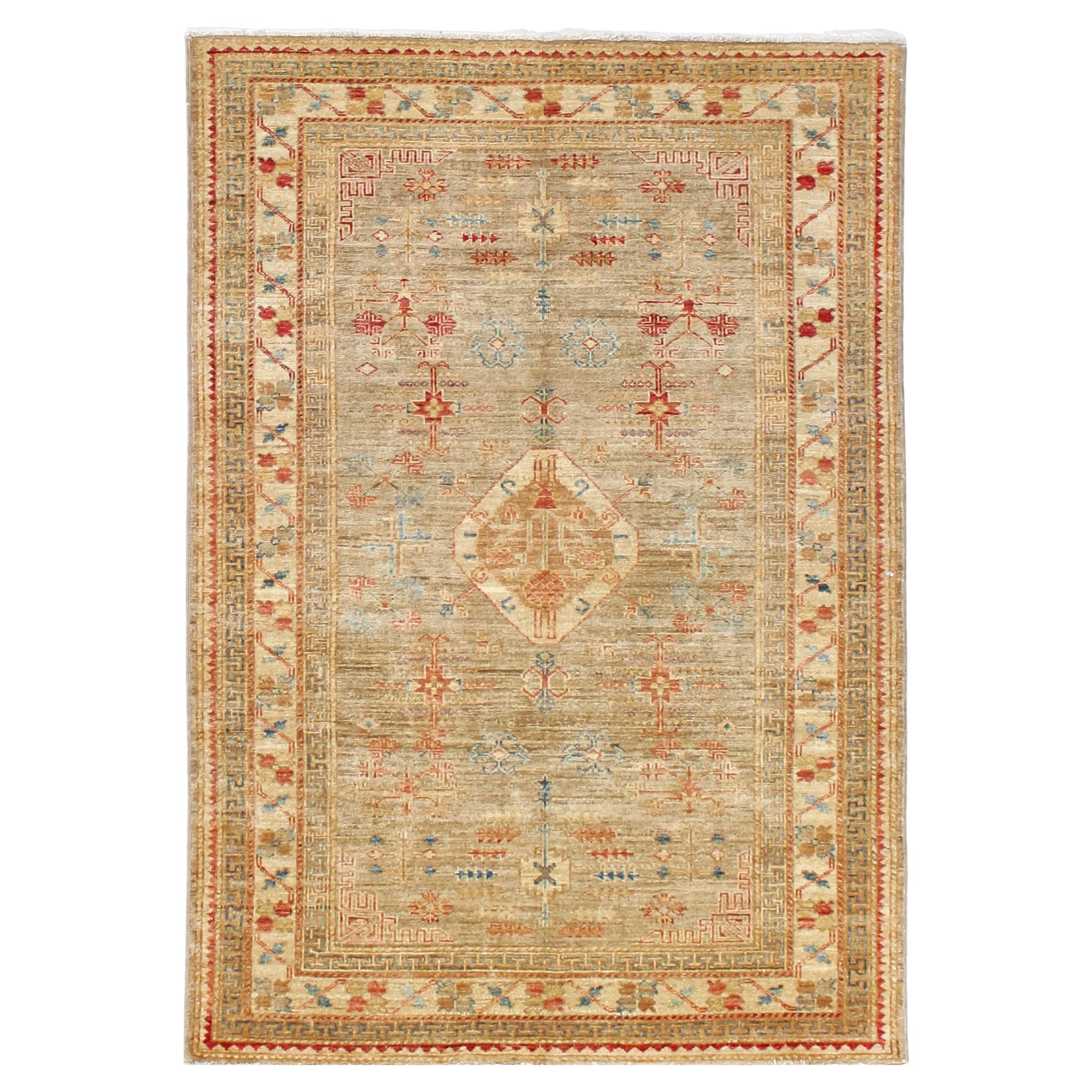 Traditional Pakistani Wool Rug – 4x6 Vibrant Oranges, Blues, and Creams