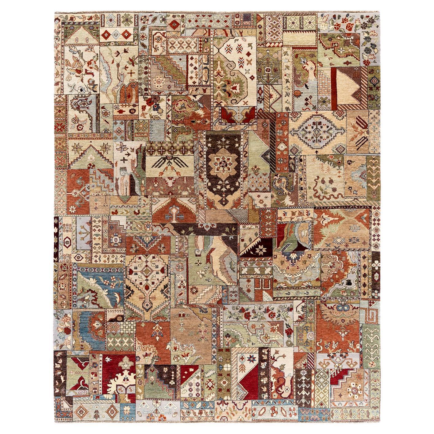 Traditional Patchwork Hand Knotted Patchwork Wool Brown Area Rug 8' 3" x 10' 3"
