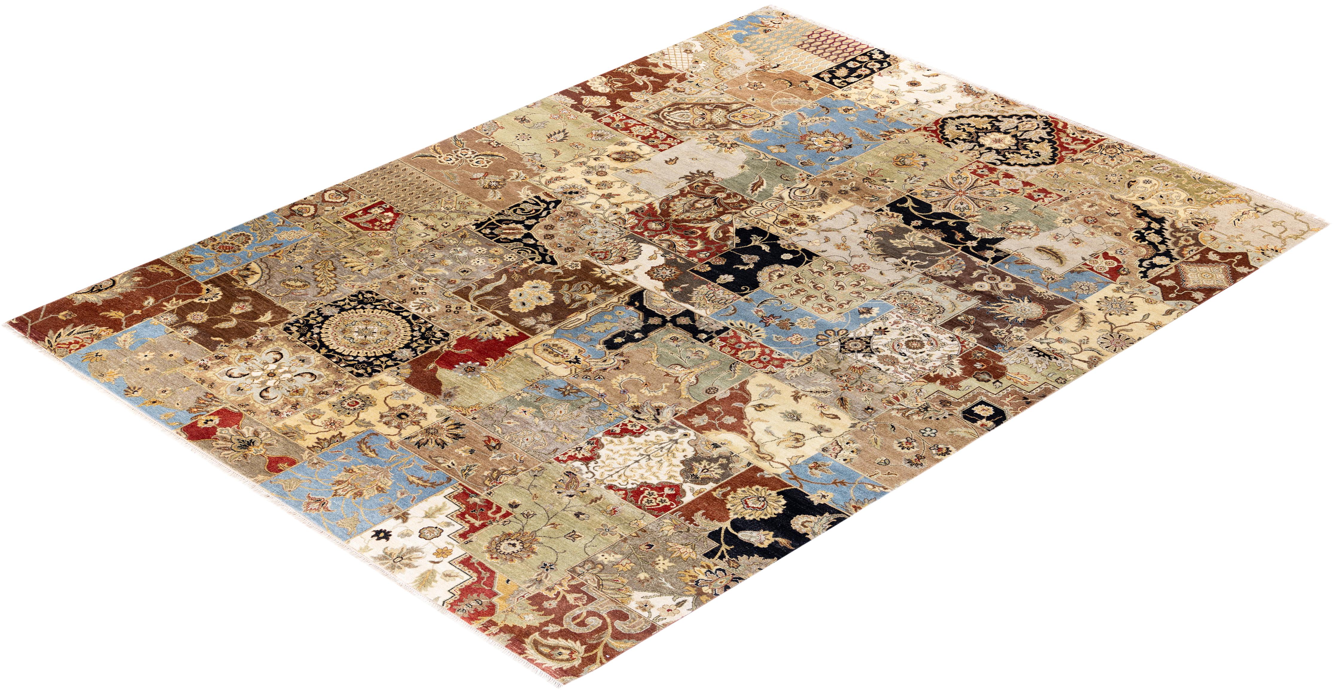 Alfombra tradicional de lana marrón anudada a mano Patchwork 9' 2