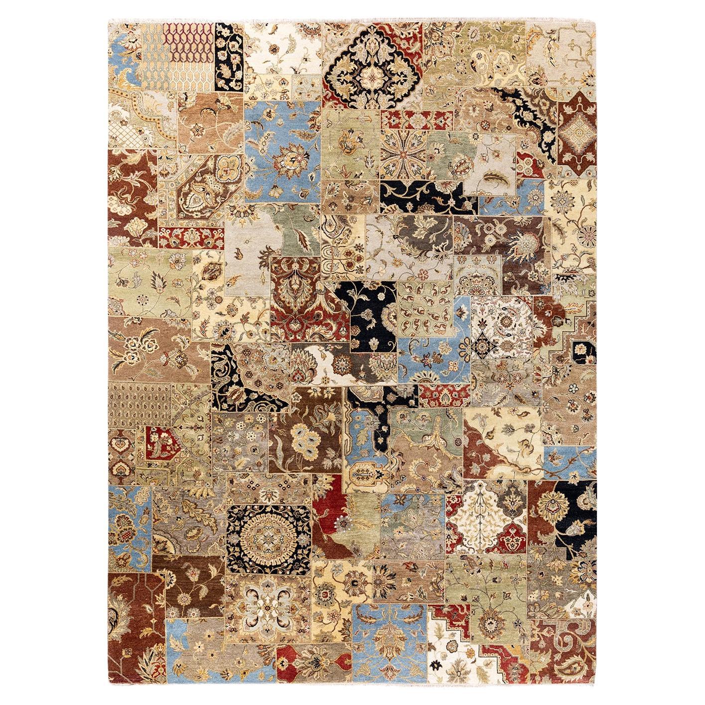 Traditionelle Patchwork Hand geknüpft Patchwork Wolle Brown Bereich Teppich 9' 2" x 12' 3"