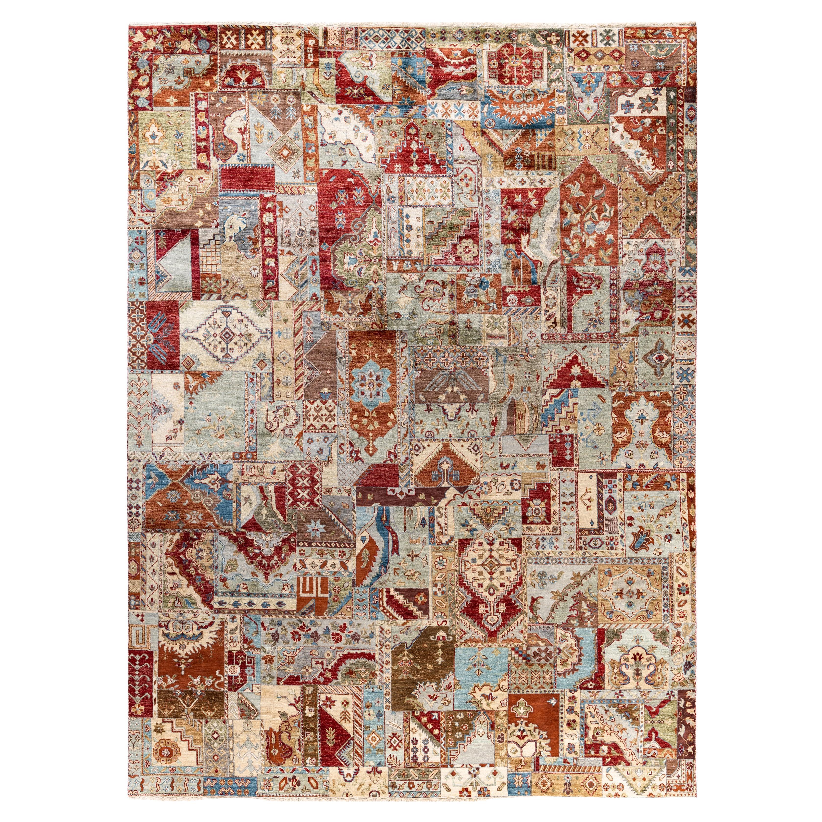 Traditioneller handgeknüpfter, mehrfarbiger Patchwork-Teppich aus Wolle 9' 0" x 12' 0"