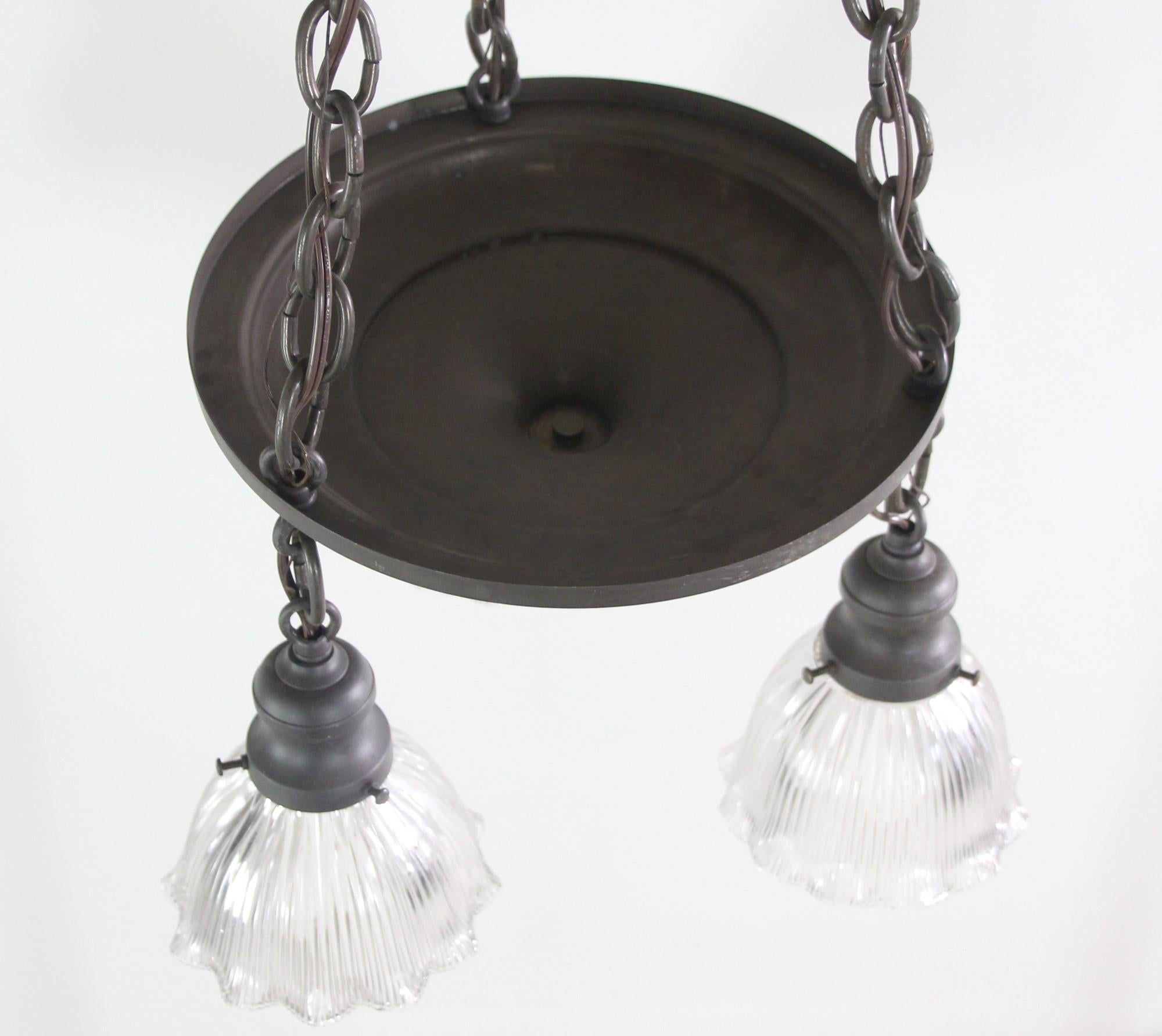 Traditional Pendant Brass Pan Light w/ 3 Ruffled Holophane Shades, Early 1900s 3