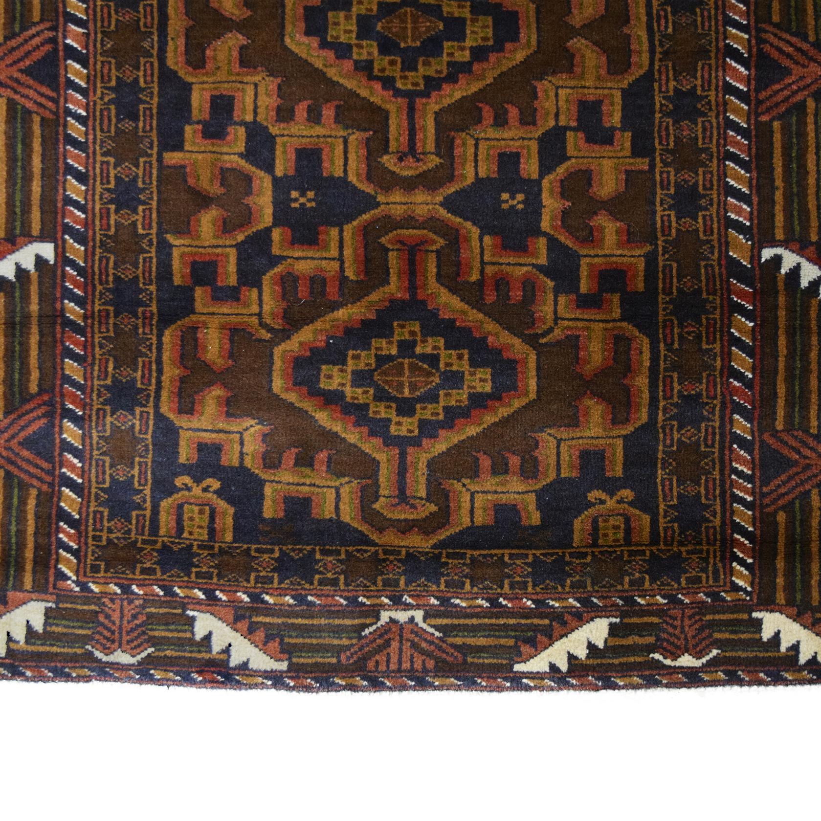 Traditioneller persischer Balouchi-Teppich aus brauner, cremefarbener und schwarzer Wolle 3' x 4'7 (Persisch)