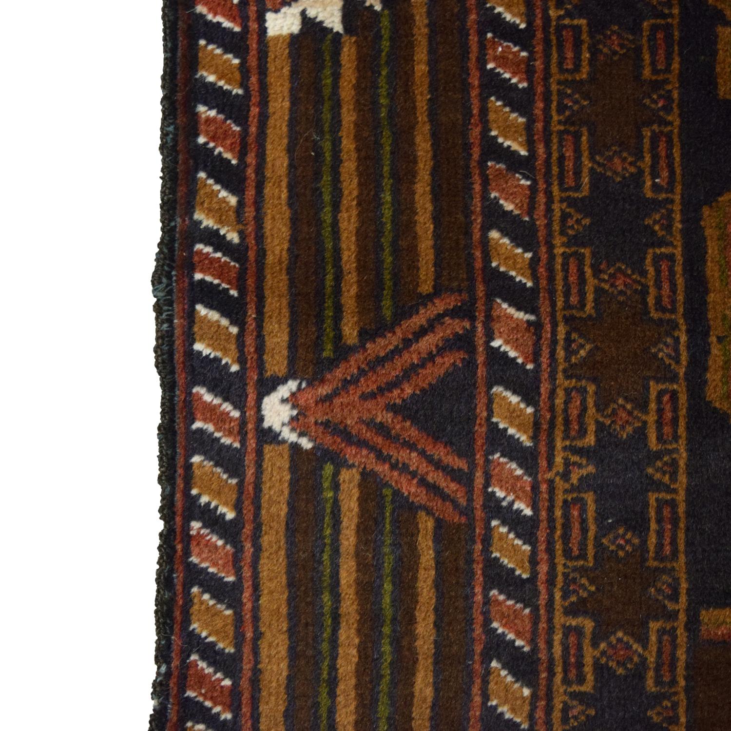 Traditioneller persischer Balouchi-Teppich aus brauner, cremefarbener und schwarzer Wolle 3' x 4'7 (Handgeknüpft)