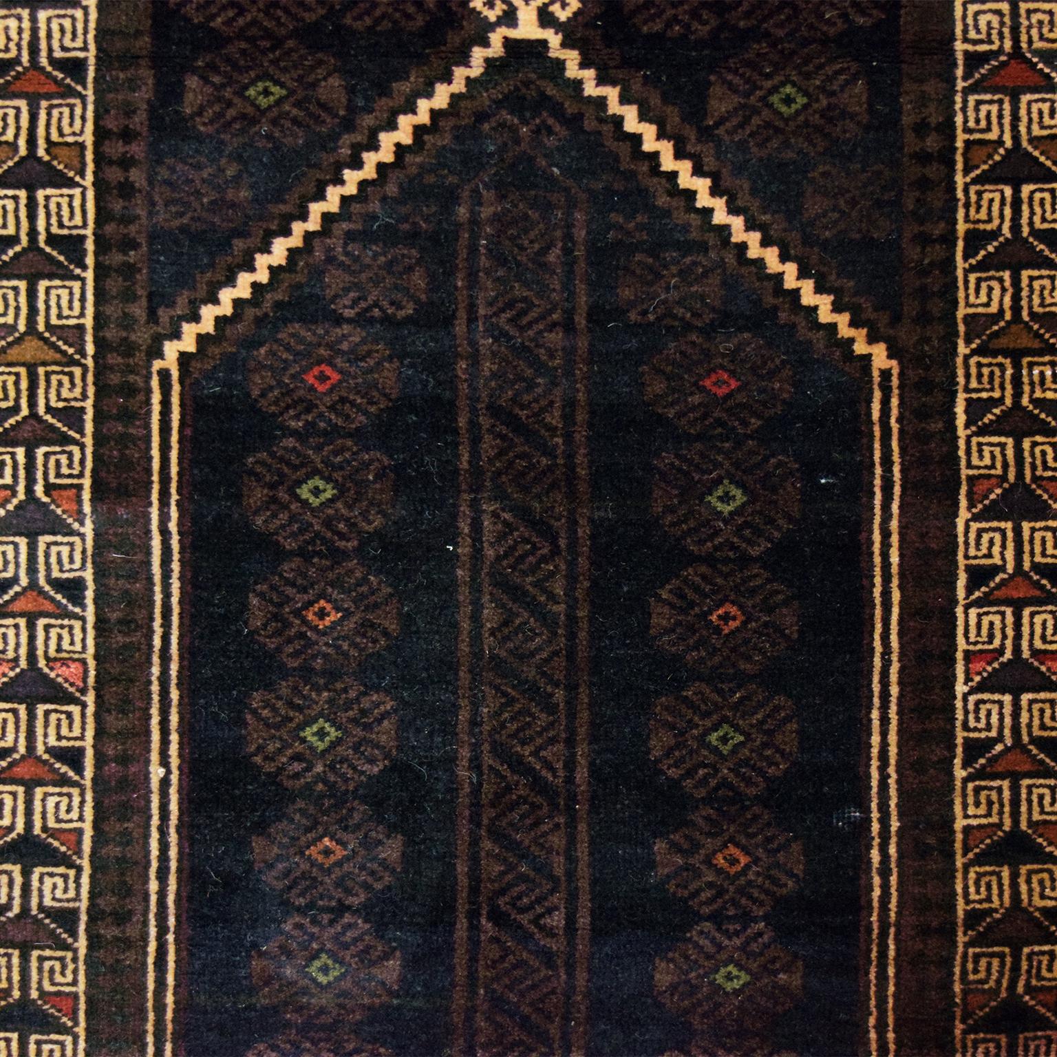 Tribal Traditional Persian Balouchi Carpet in Cream, Orange, Brown, and Black Wool