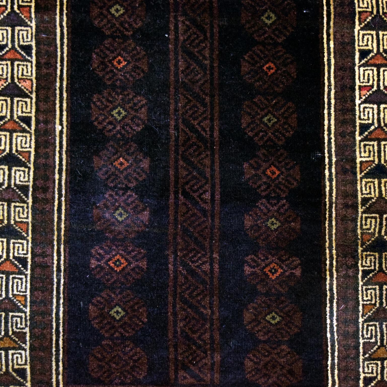 Hand-Knotted Traditional Persian Balouchi Carpet in Cream, Orange, Brown, and Black Wool