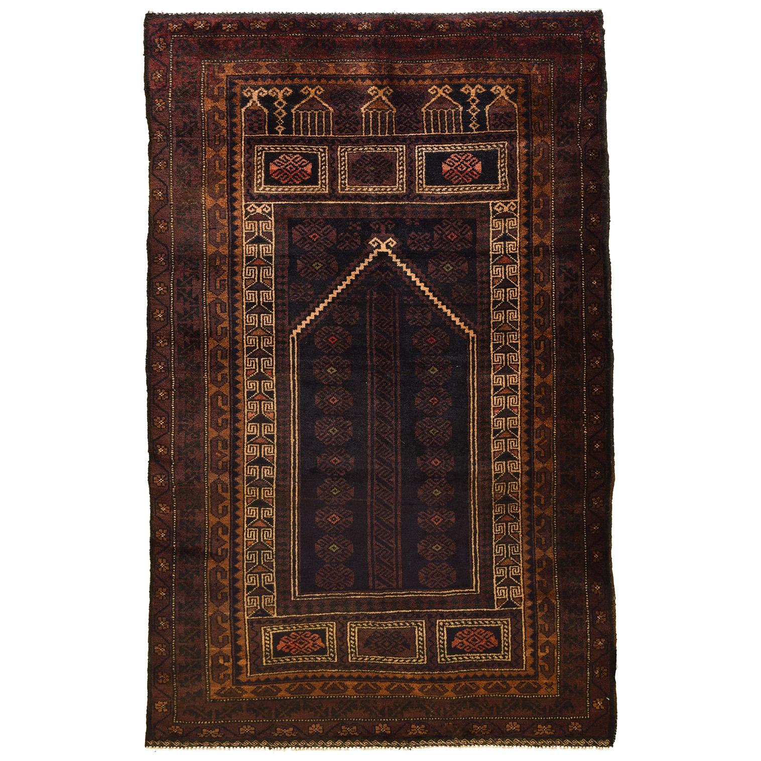 Traditional Persian Balouchi Carpet in Cream, Orange, Brown, and Black Wool