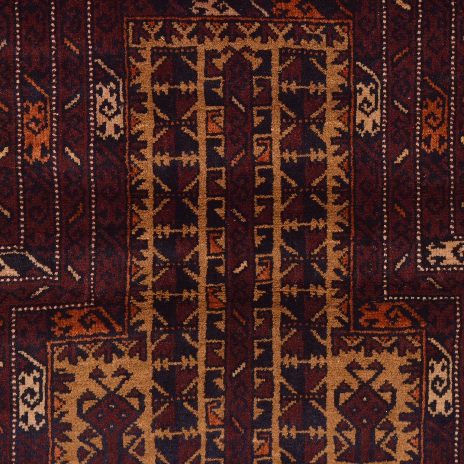 Hand-Knotted Traditional Persian Balouchi Carpet in Maroon, Orange, and Gold Wool