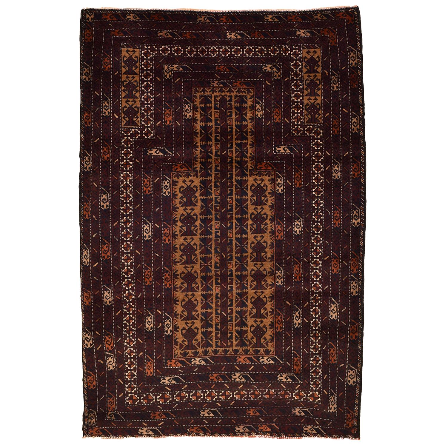 Traditional Persian Balouchi Carpet in Maroon, Orange, and Gold Wool