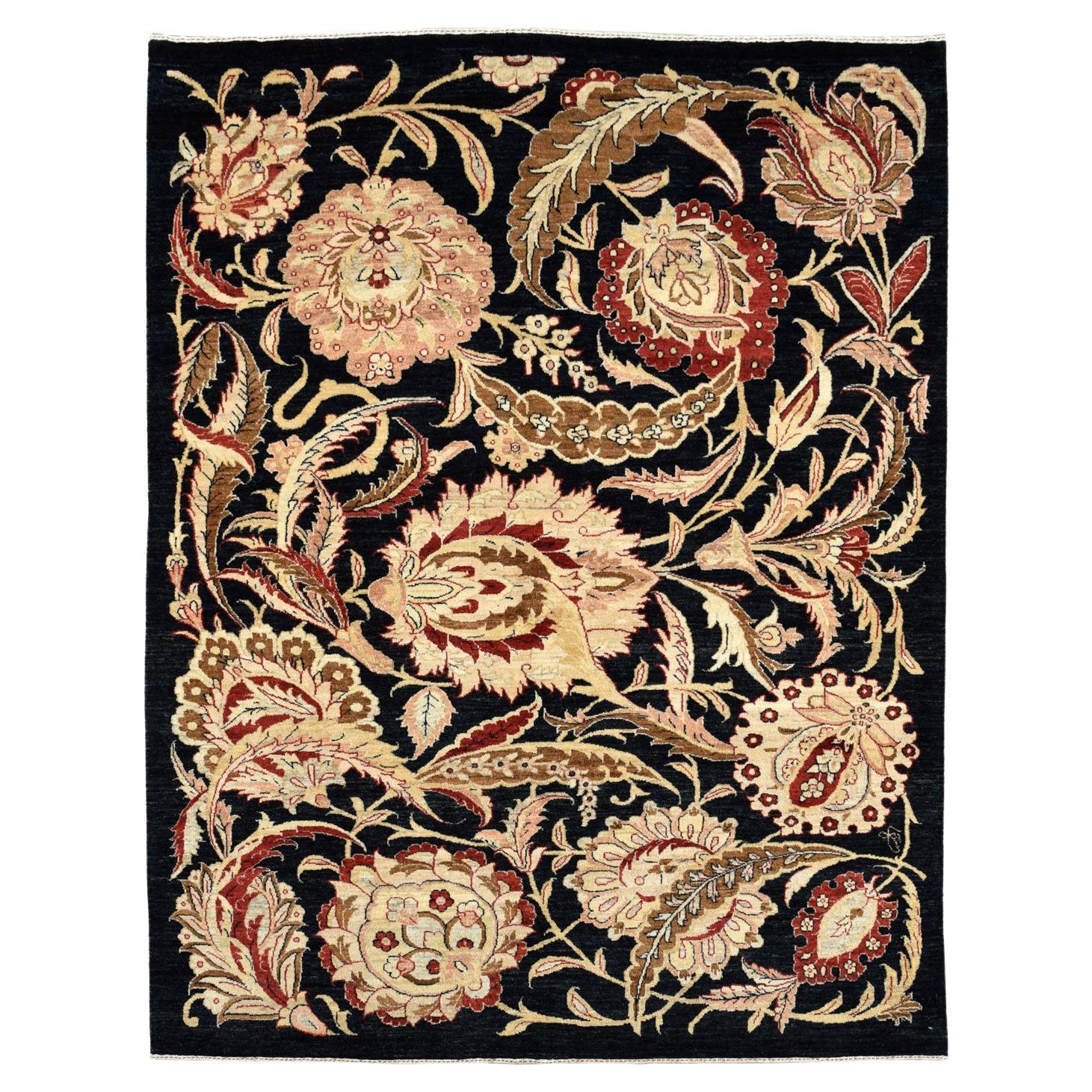 Tappeto persiano tradizionale con disegno floreale nero, crema, rosso e rosa, 5' x 7' in vendita