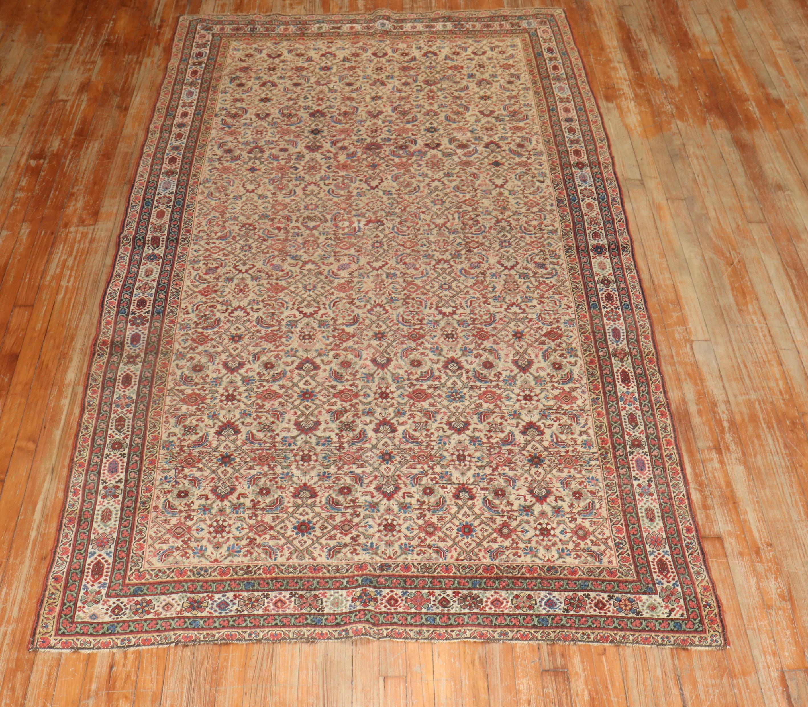 Classic Herati design Persian Malayer gallery rug. Ivory field, with accents in green, mustard, blue, brown, terracotta.

Measures: 5'1