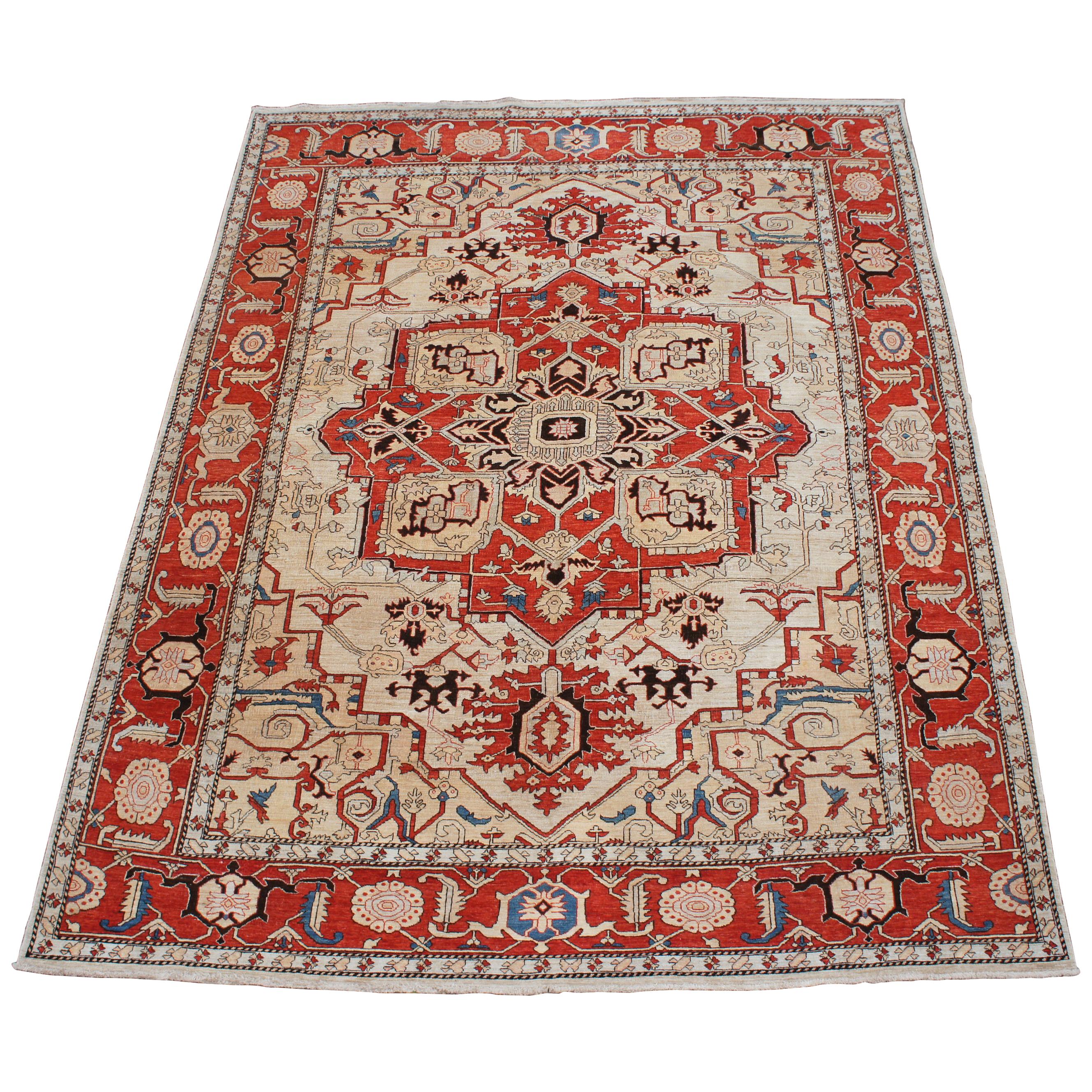 Traditional Persian Heriz 100% Wool Floral Medallion Area Rug Carpet For Sale