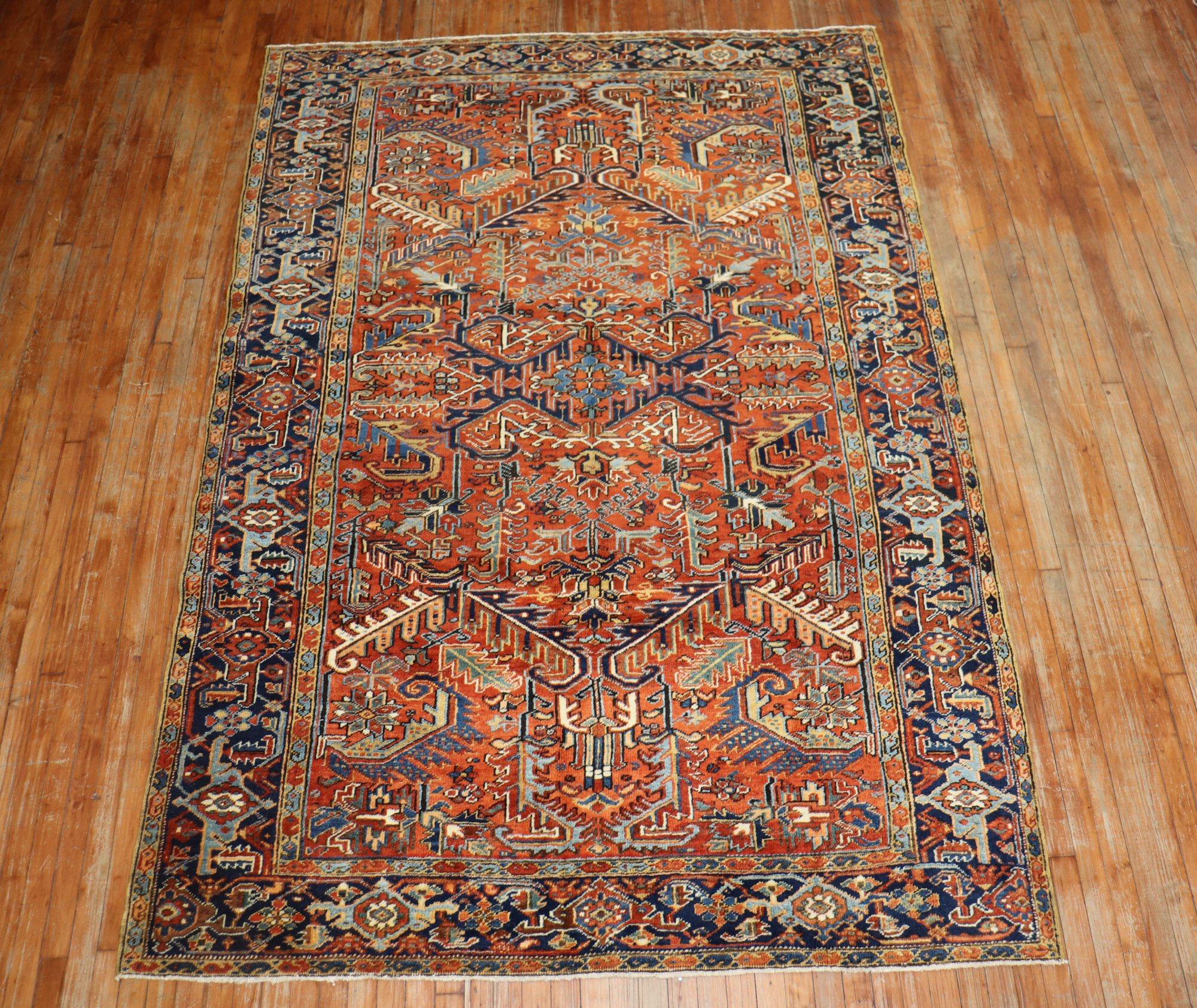 Traditional Persian Heriz tribal with an all-over design in a hard to find 6 x 9 find. Typically, Heriz rugs are found in the 8 x 10, 9 x 12 room size formats, circa 1940.

Measures: 6'4” x 9'4