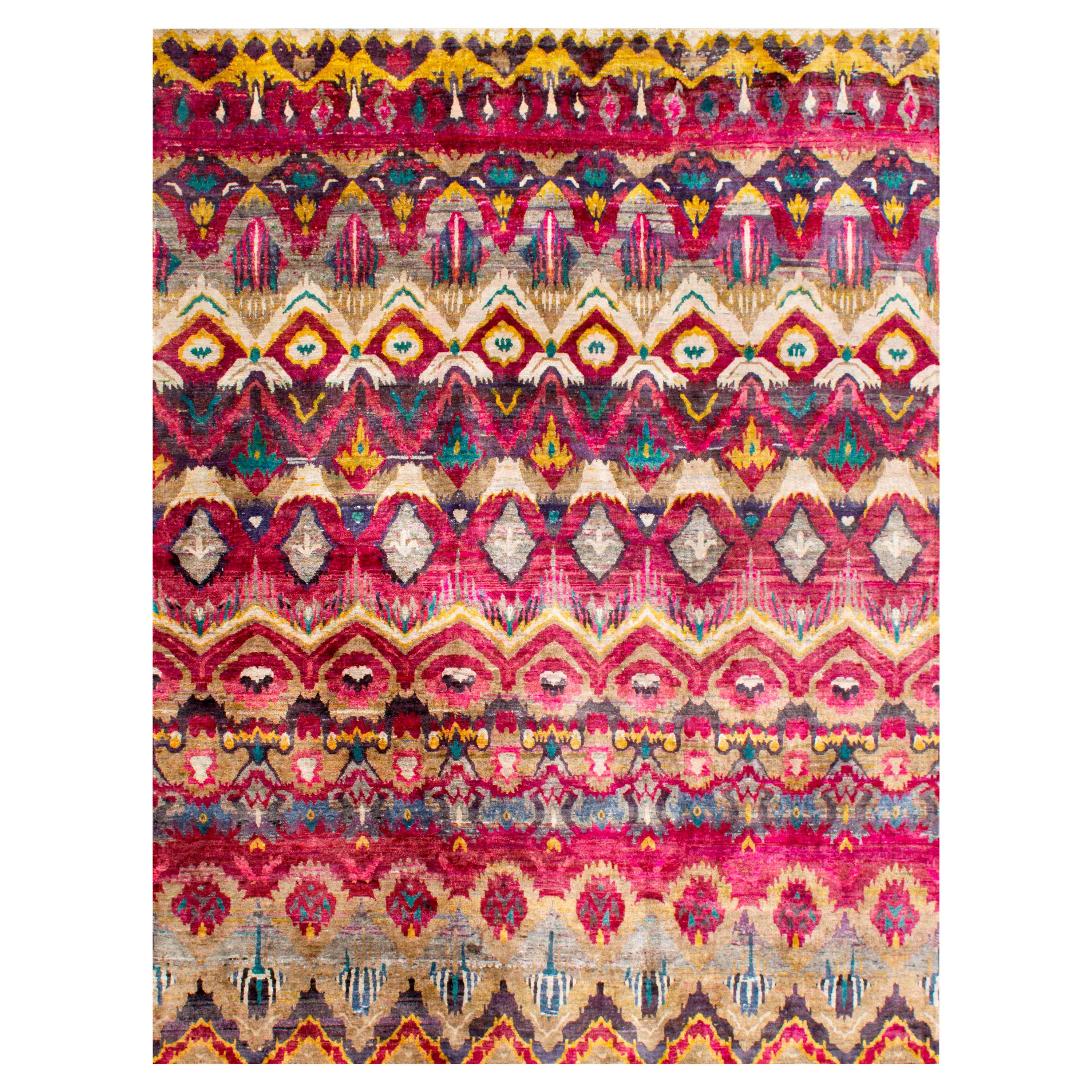 Traditioneller handgeknüpfter, umweltfreundlicher Teppich aus natürlicher Seide in Rosa, Beige, Gold und Grün 