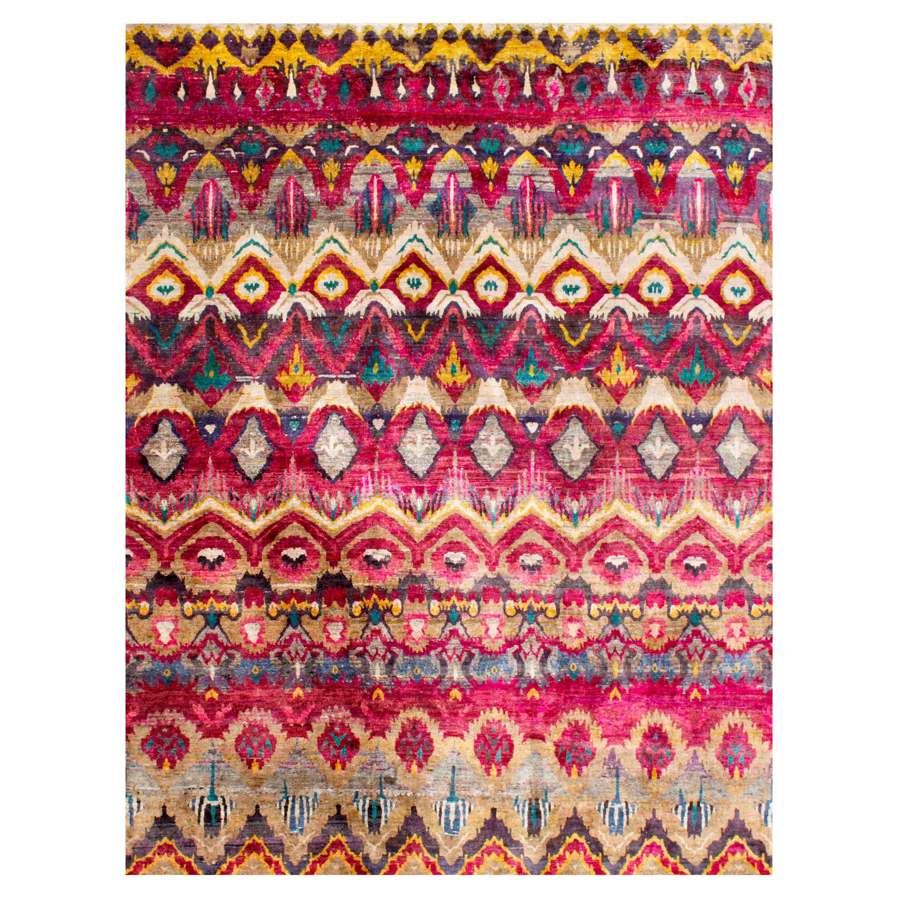Alfombra tradicional ecológica de seda natural anudada a mano en rosa, beige, dorado y verde