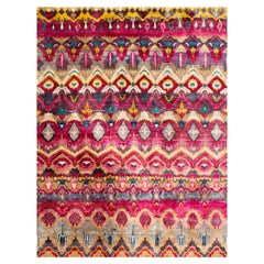 Alfombra tradicional ecológica de seda natural anudada a mano en rosa, beige, dorado y verde