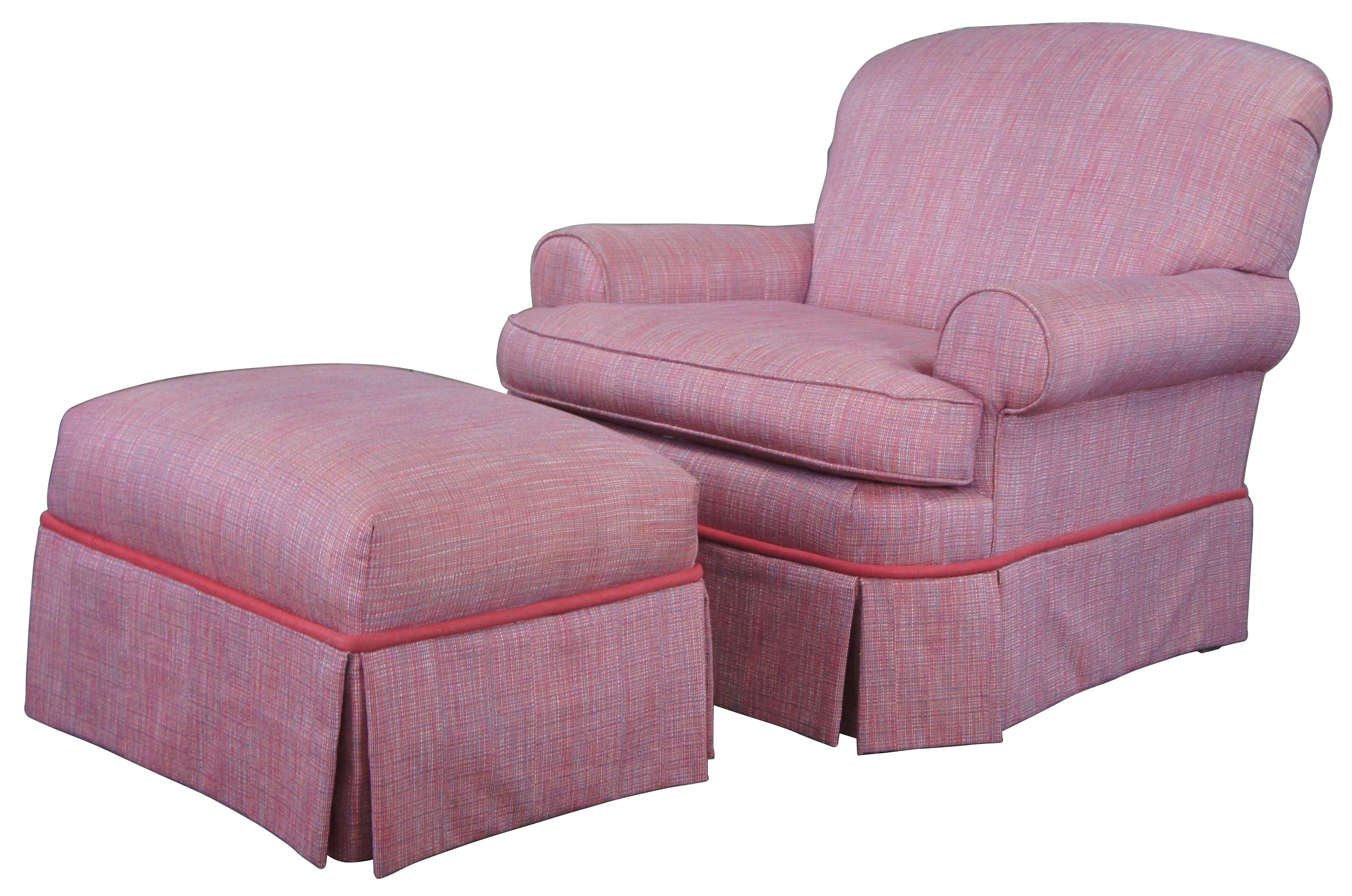 Vintage Edwards Furniture Inc club chair and ottoman featuring a pink upholstery with blue and white undertones, rolled arms and skirted legs.

Measures: 38