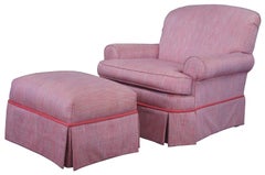 Traditional Pink Upholstered Club Arm Library Chair & Ottoman Rolled Arms Skirt