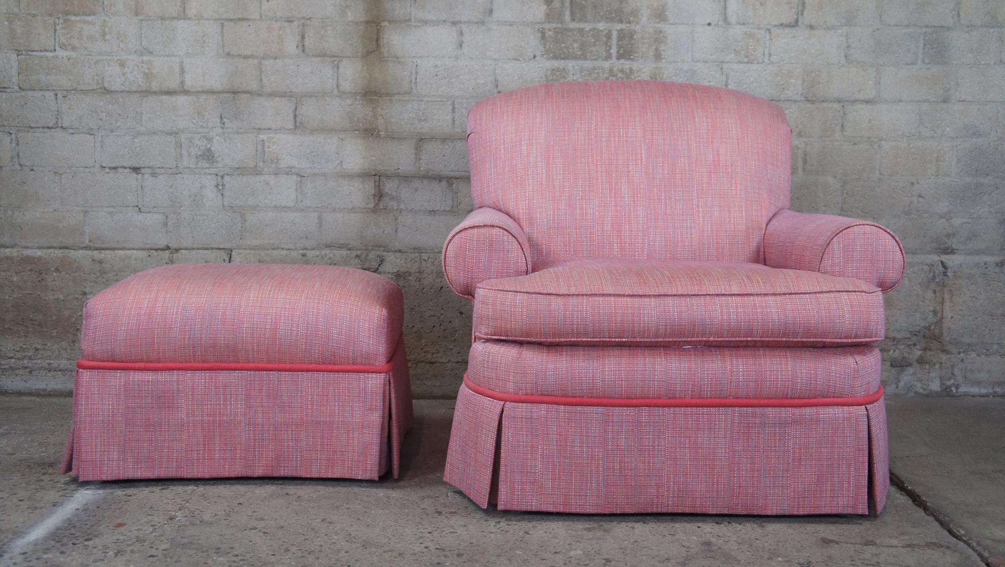 Traditional Pink Upholstered Club Arm Library Chair & Ottoman Rolled Arms Skirt In Good Condition In Dayton, OH