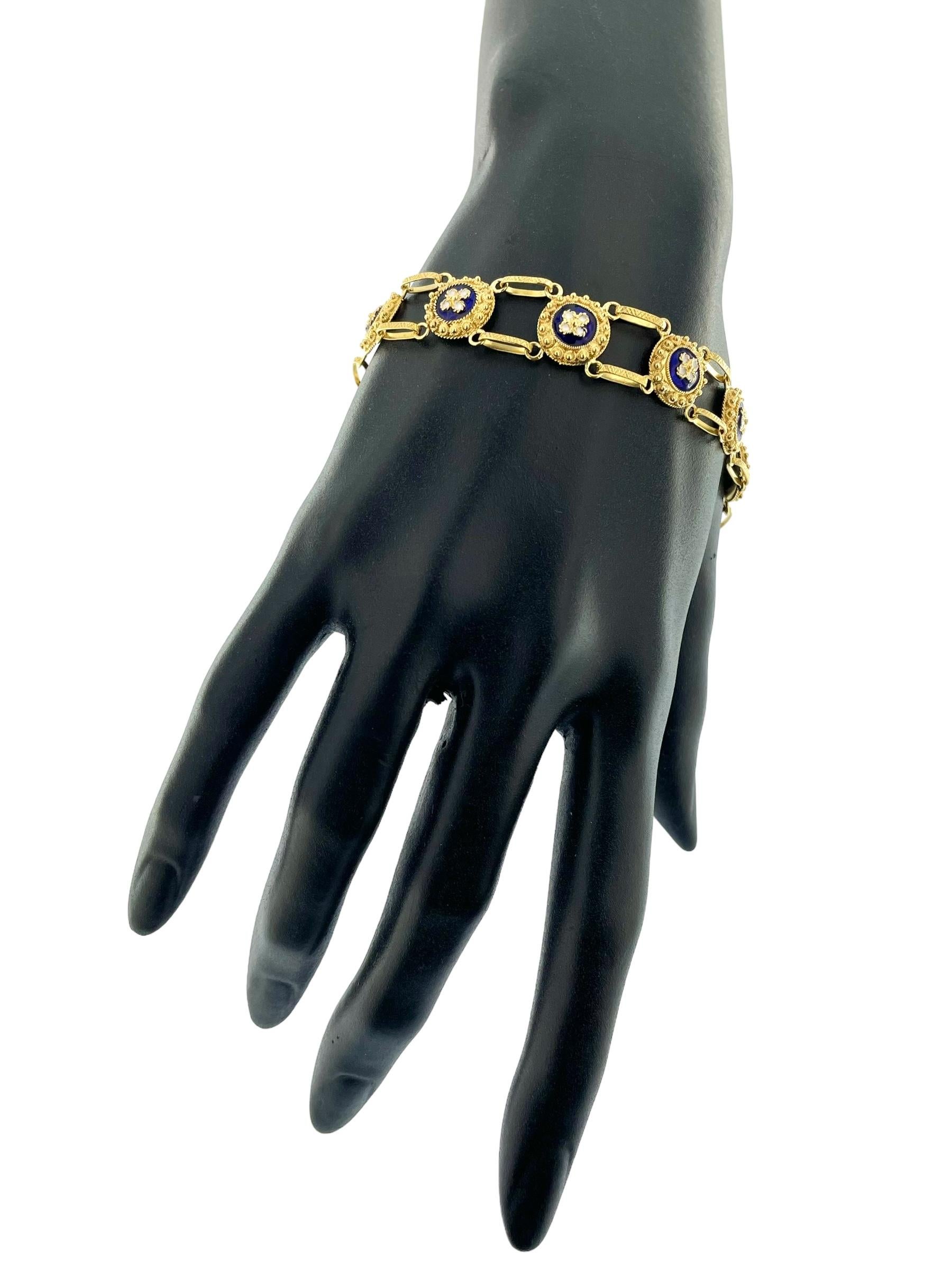 Artisan Traditional Portuguese Bracelet Yellow Gold with Blue and White Enamel For Sale