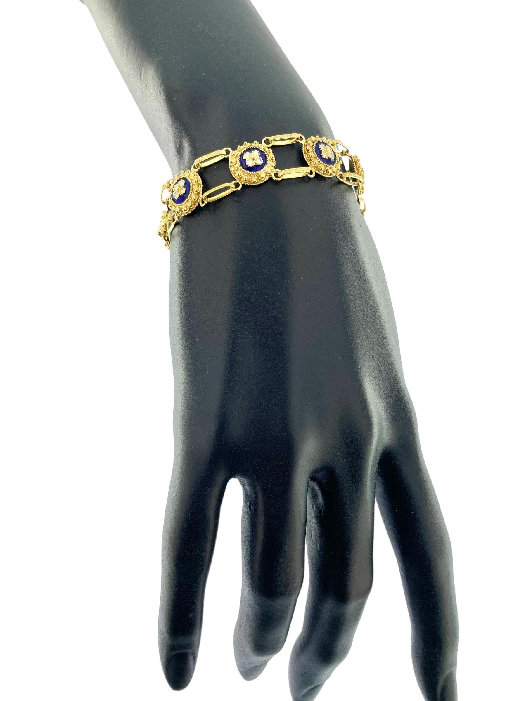Women's or Men's Traditional Portuguese Bracelet Yellow Gold with Blue and White Enamel For Sale