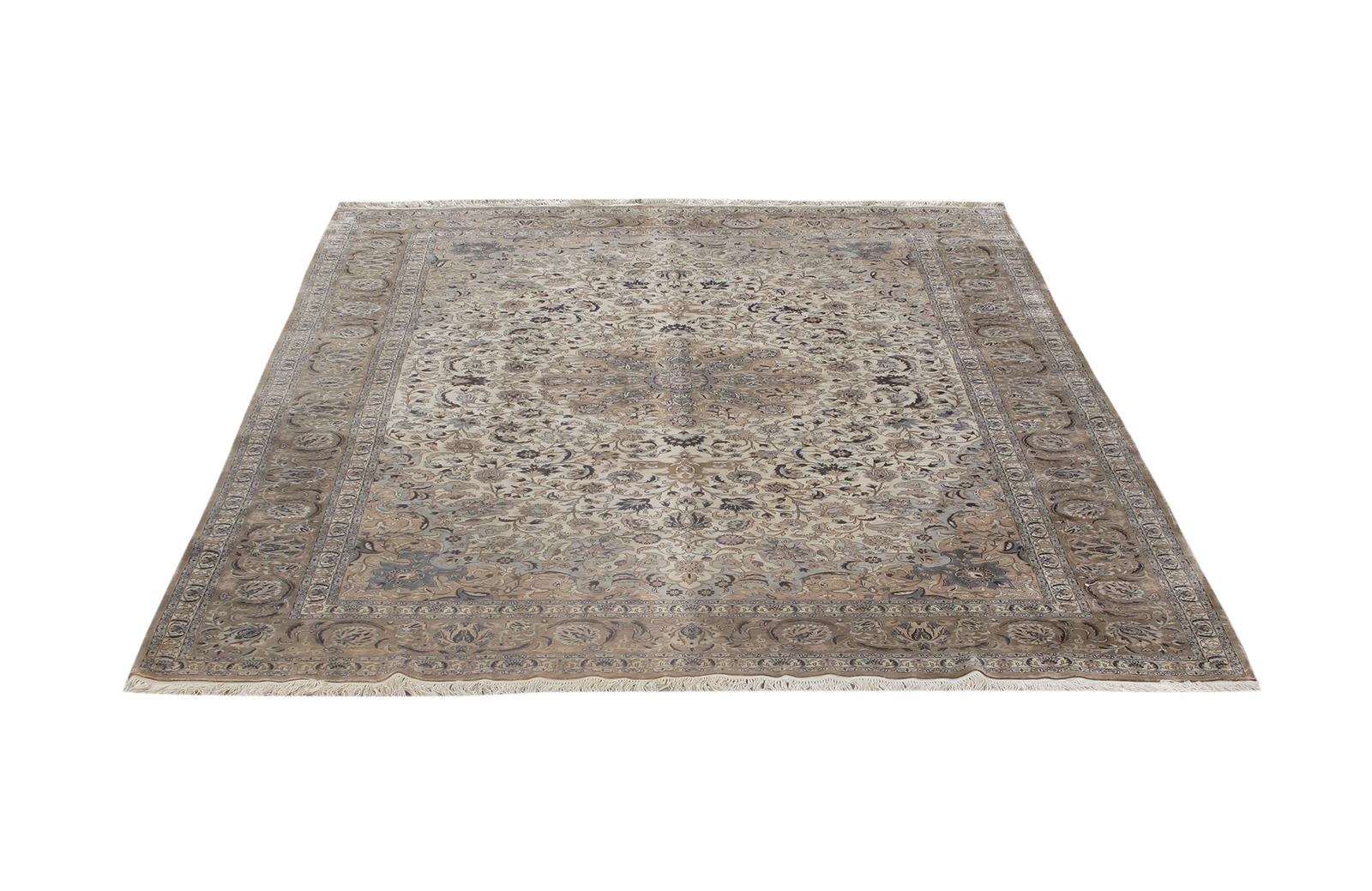 Hand-Knotted Traditional Qum Chinese Silk Medallion Rug in Ivory, Gold and Blue Colors For Sale