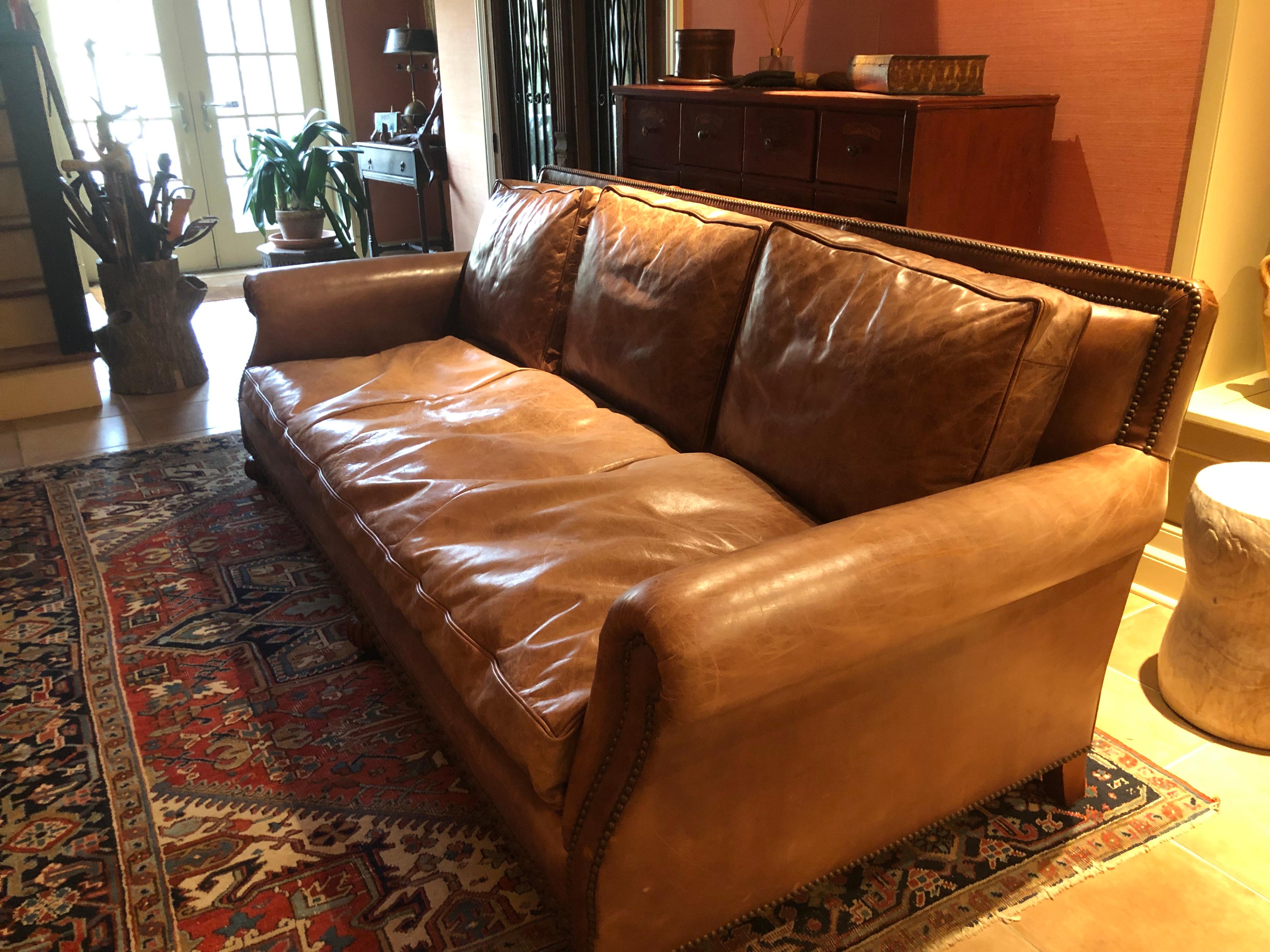 Traditional Ralph Lauren Aran Isles Saddle Leather Sofa For Sale at