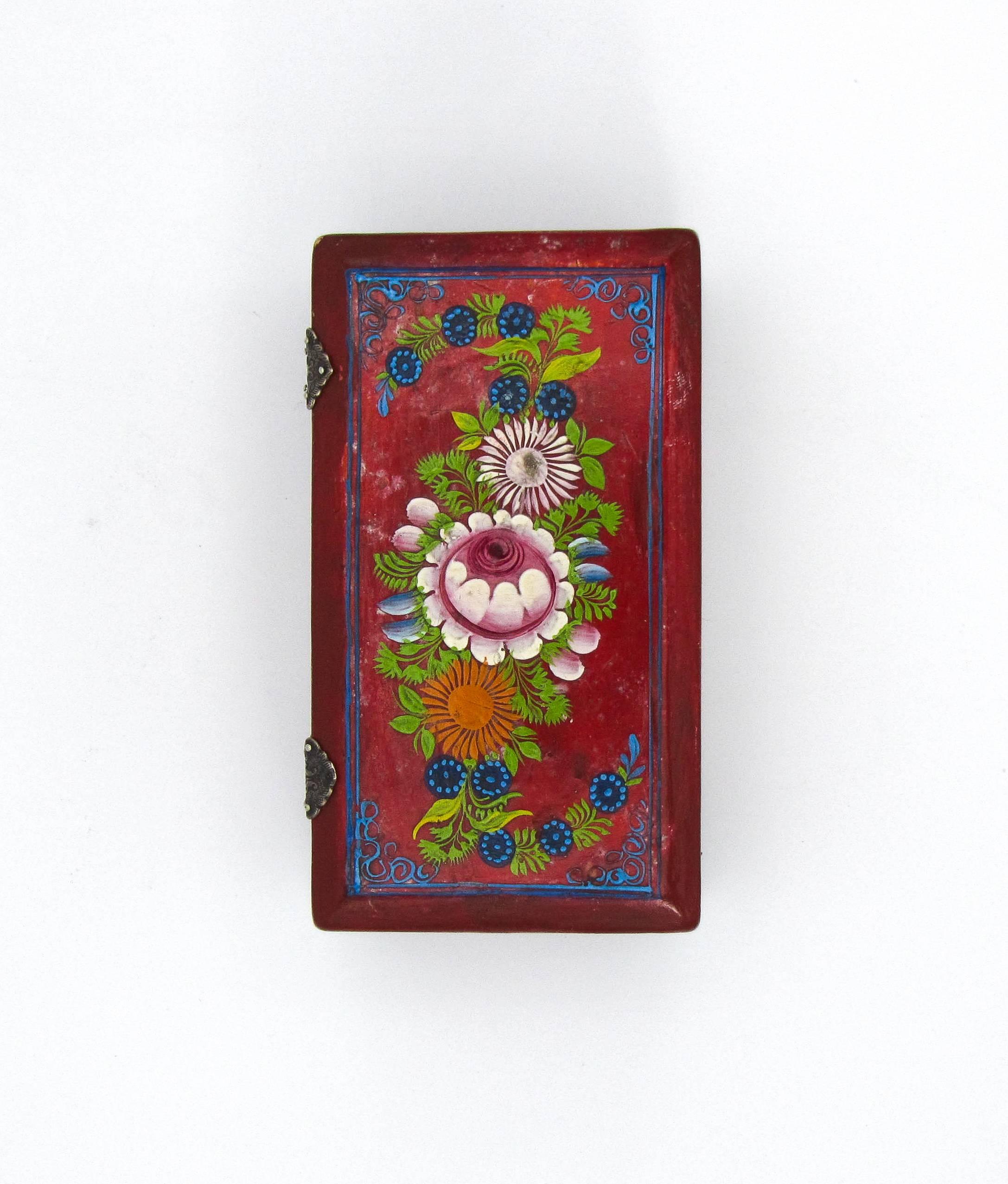 Other Traditional Red and Floral Hand-Painted Lacquer Box, Olinalá