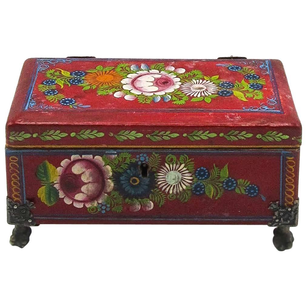 Traditional Red and Floral Hand-Painted Lacquer Box, Olinalá