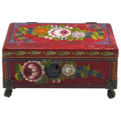 Vintage Traditional Red and Floral Hand-Painted Lacquer Box, Olinalá