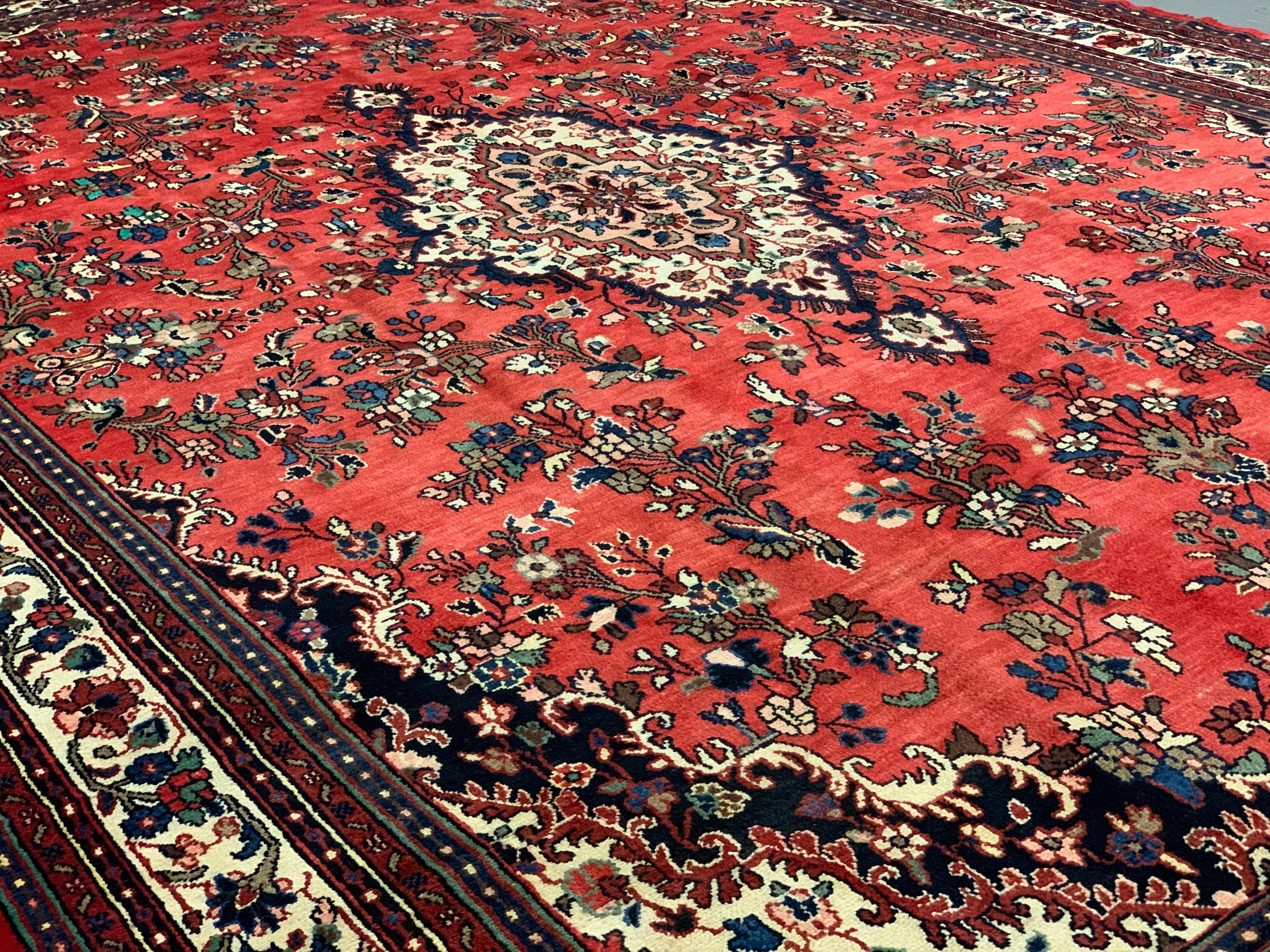 Mid-20th Century Red Vintage Rug Traditional Area Rug Large Handmade Floral Wool Carpet