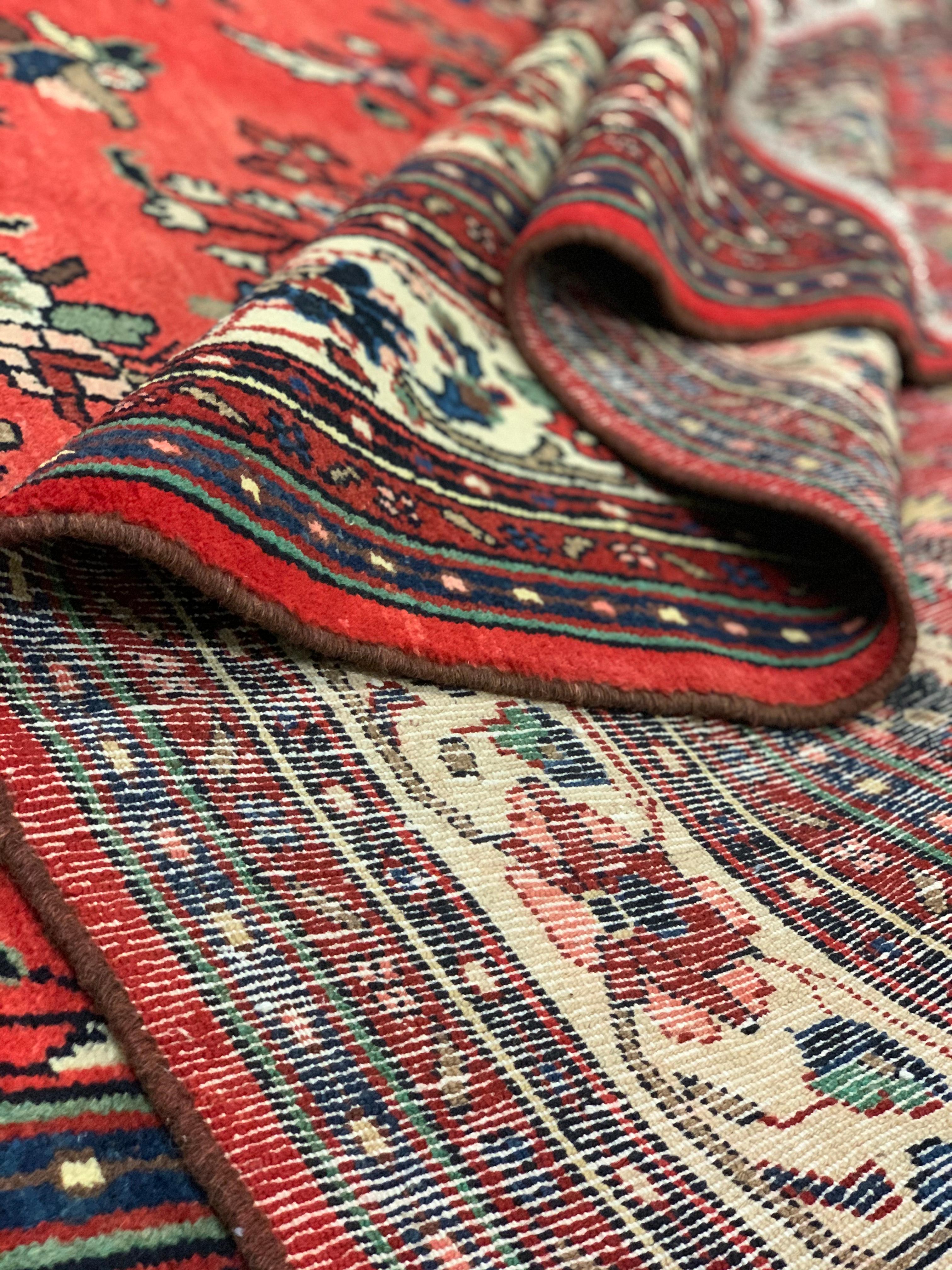 Azerbaijani Red Vintage Rug Traditional Area Rug Large Handmade Floral Wool Carpet