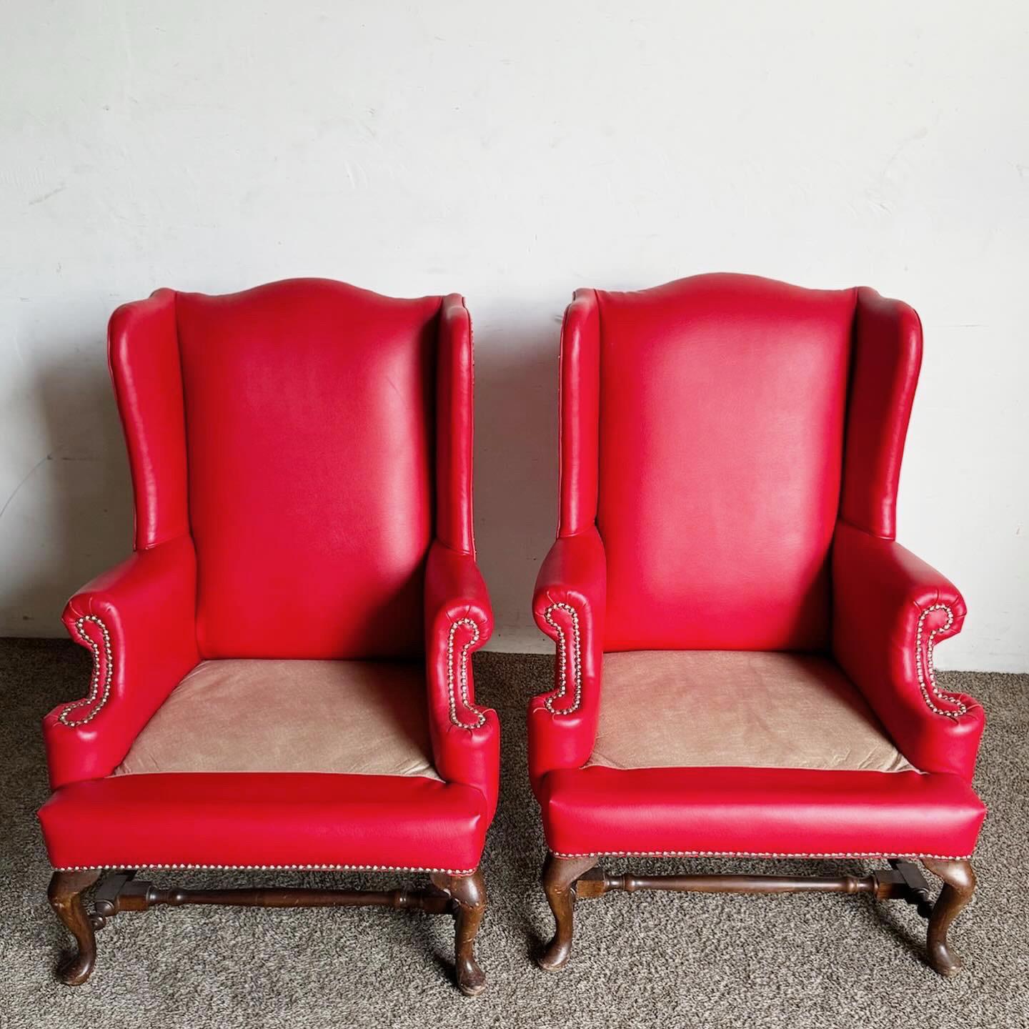 Regency Traditional Red Faux Leather Wingback Chairs - a Pair For Sale
