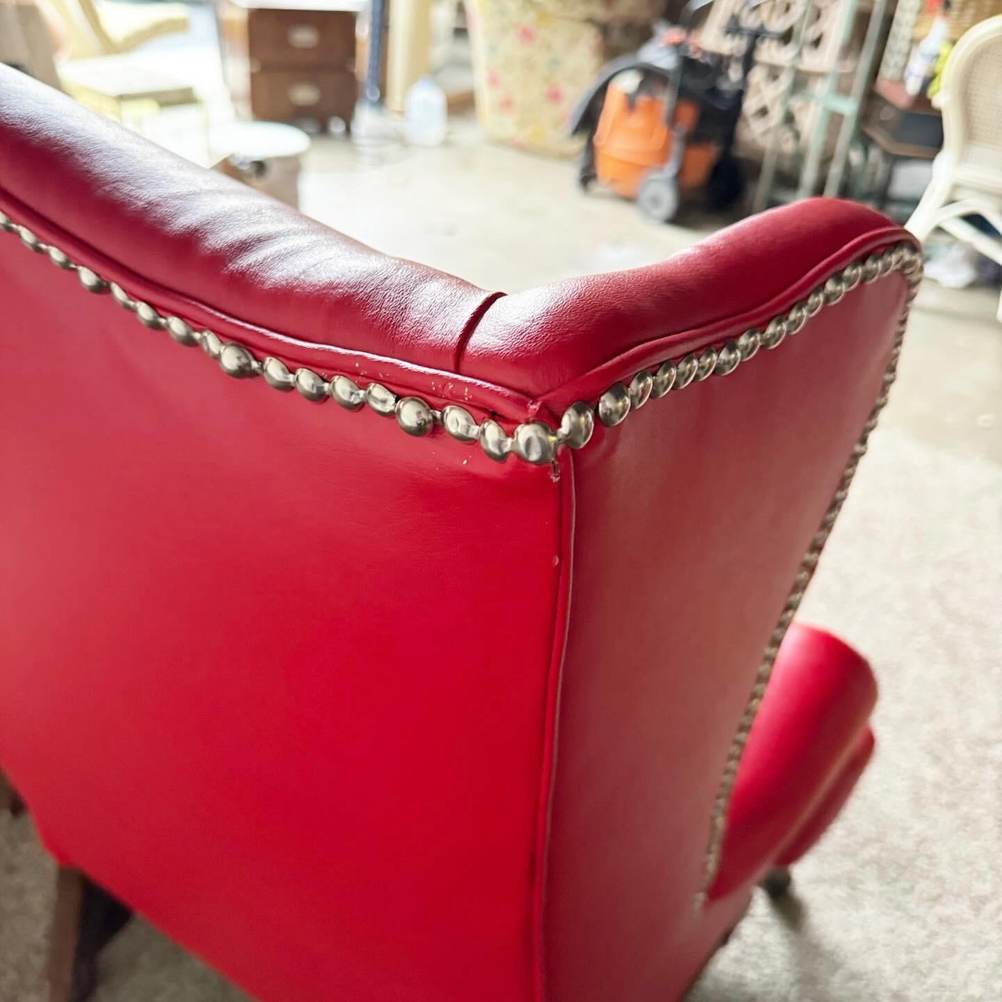 American Traditional Red Faux Leather Wingback Chairs - a Pair For Sale