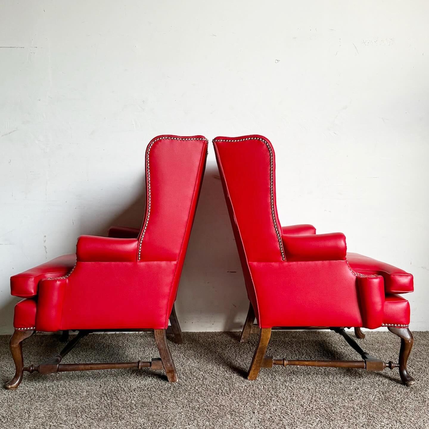 Traditional Red Faux Leather Wingback Chairs - a Pair In Good Condition For Sale In Delray Beach, FL