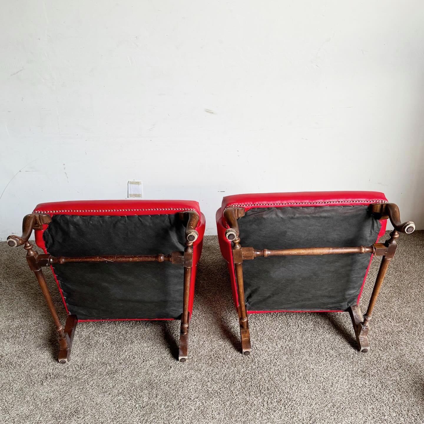 Traditional Red Faux Leather Wingback Chairs - a Pair For Sale 2