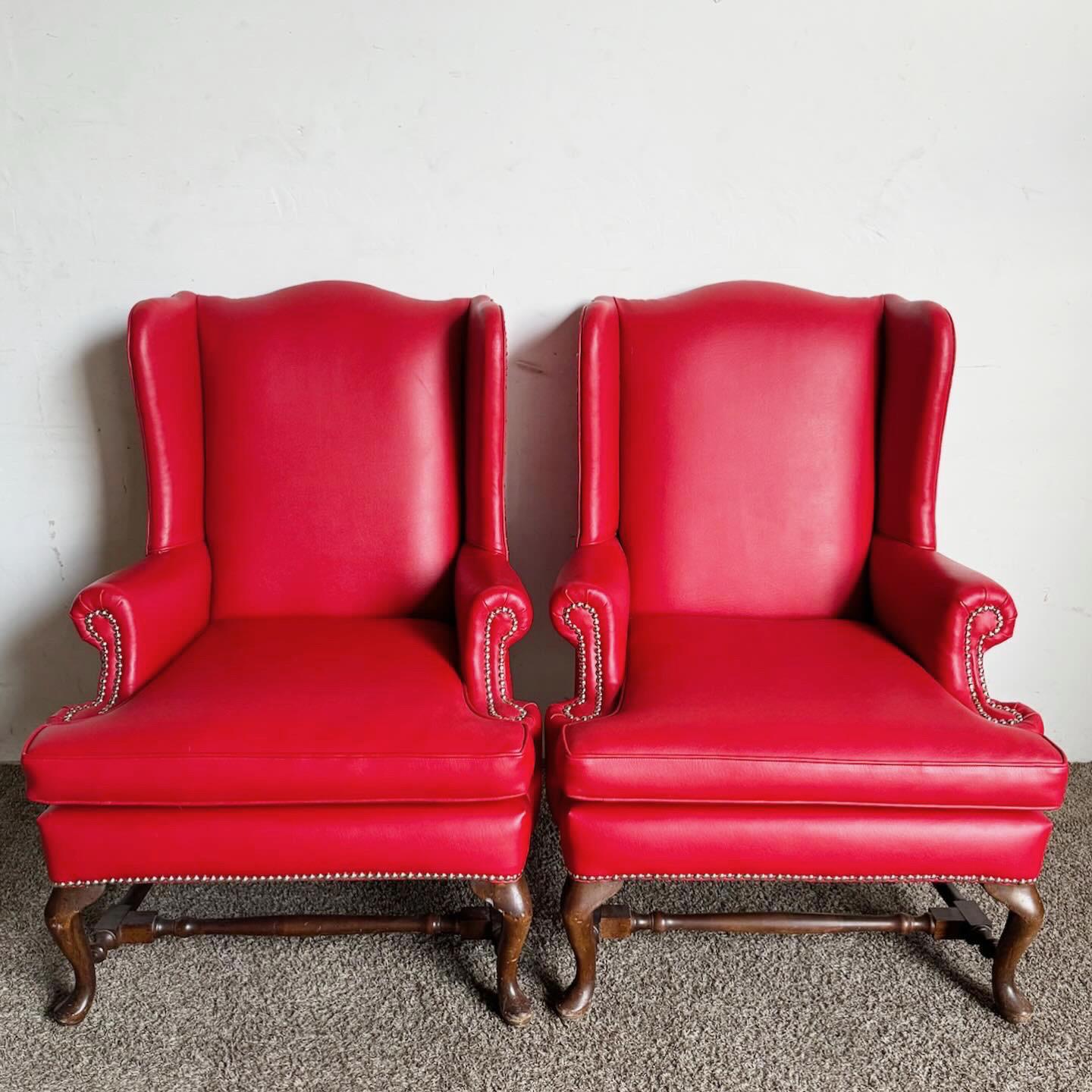 Traditional Red Faux Leather Wingback Chairs - a Pair For Sale 3