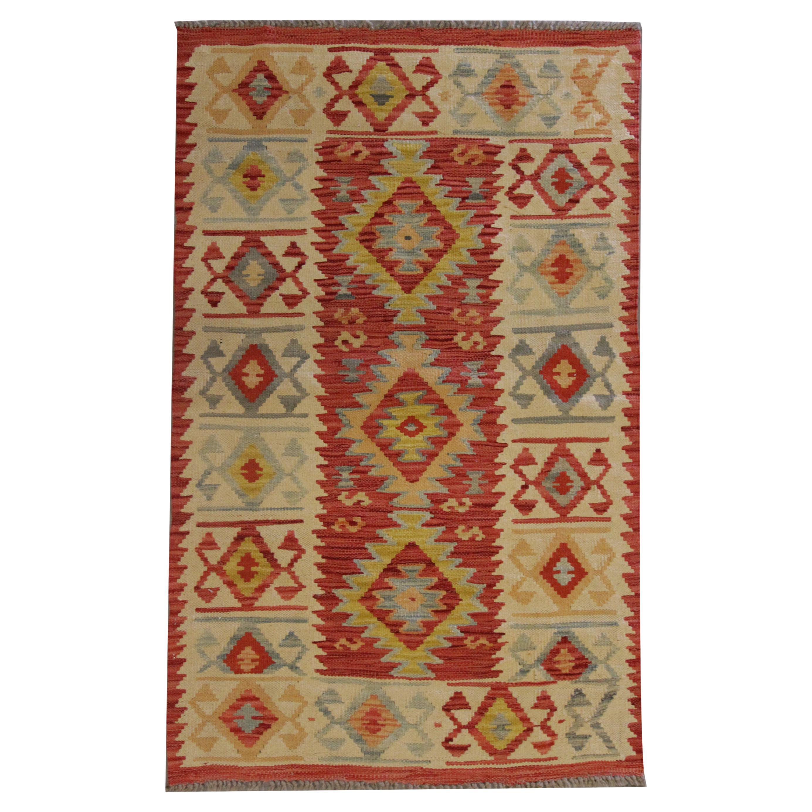 Traditional Scandinavian Red Kilims Wool Area Geometric Carpet Tribal Kilim Rug For Sale