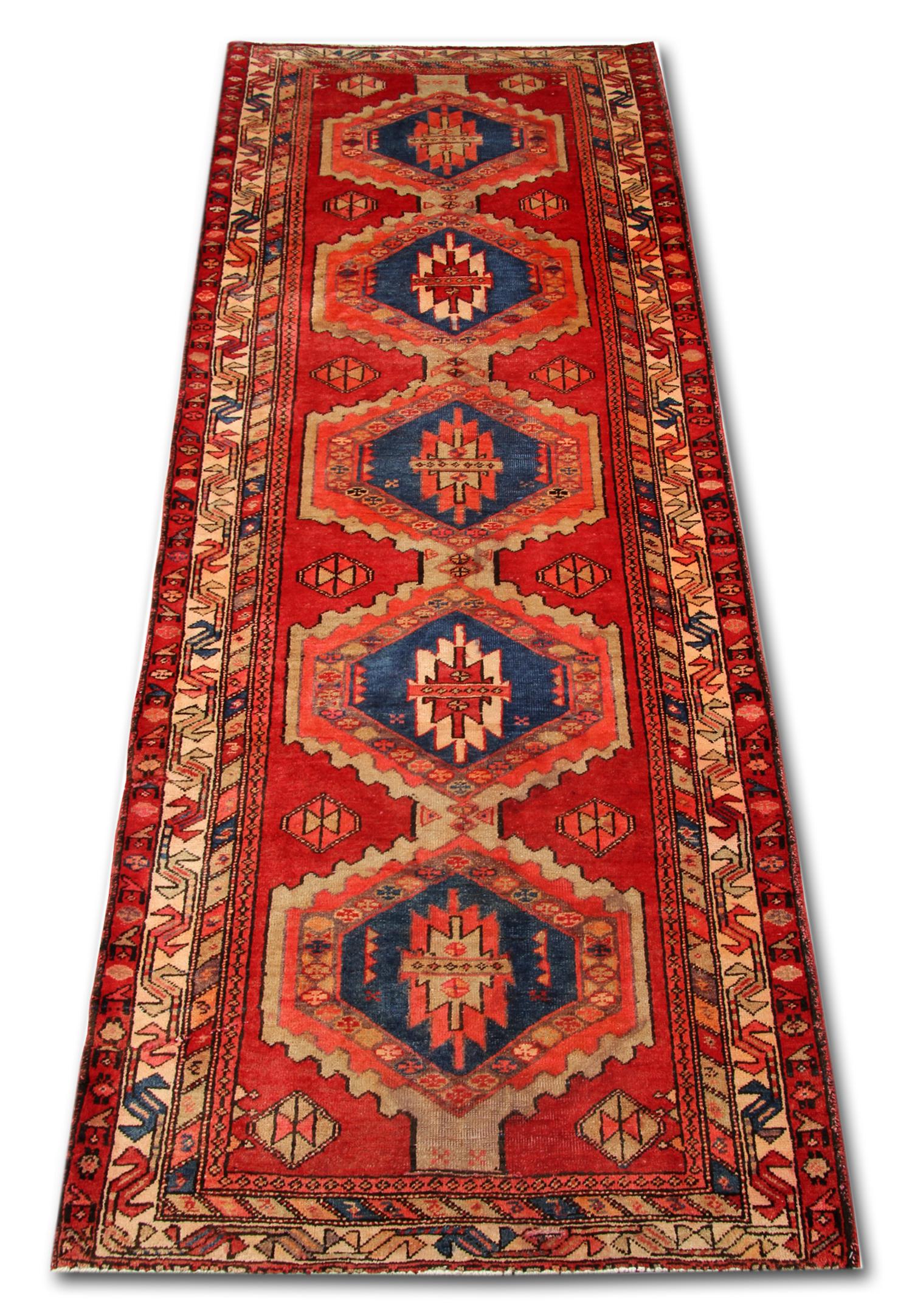 Azerbaijani Traditional Red Runner Rug Long Handmade Oriental Tribal Carpet