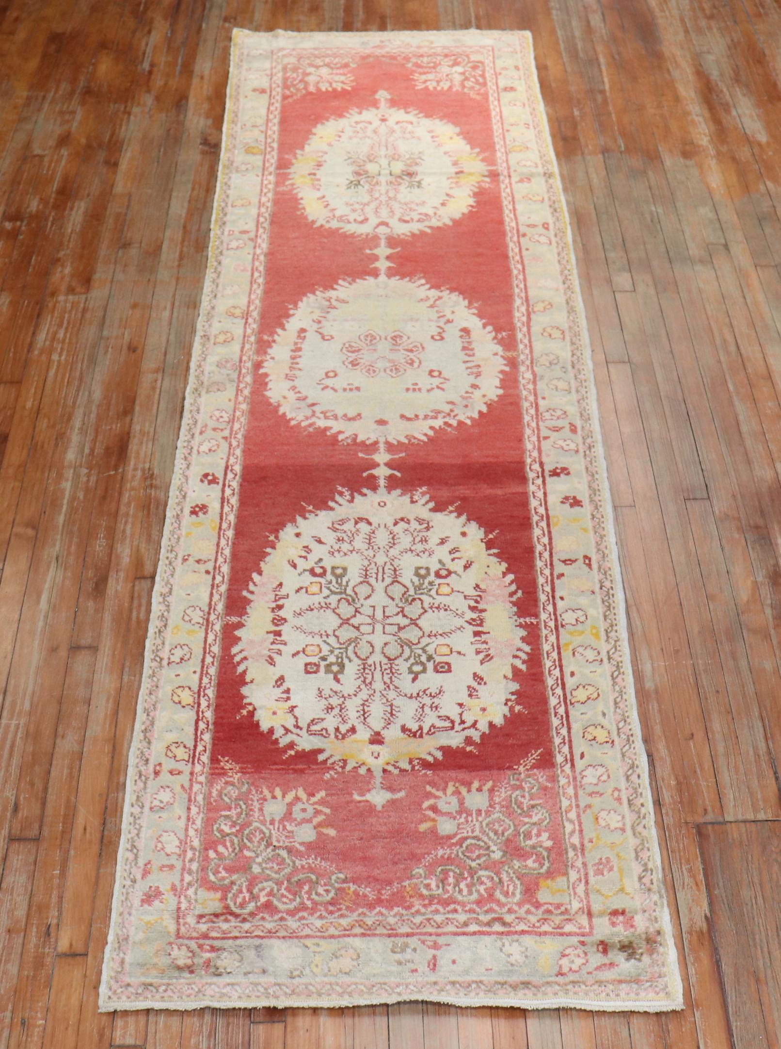 Wool Traditional Red Vintage Oushak Runner For Sale