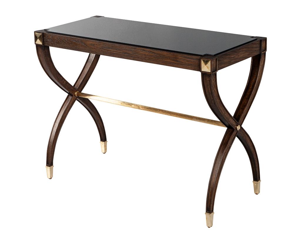 Traditional Regency Walnut Console Table Black Glass Top For Sale 3