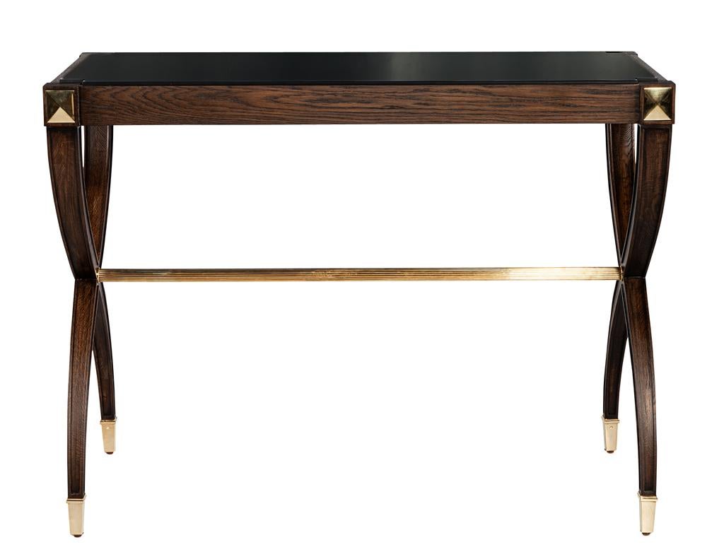 American Traditional Regency Walnut Console Table Black Glass Top For Sale