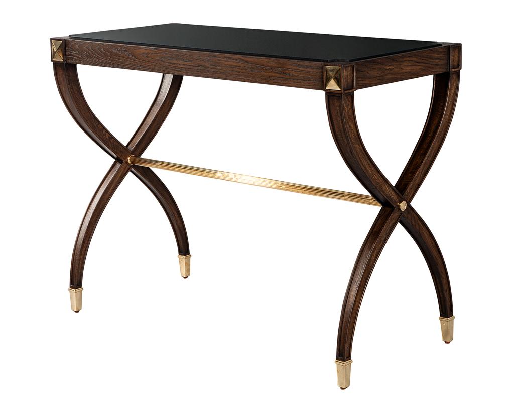 Plated Traditional Regency Walnut Console Table Black Glass Top For Sale