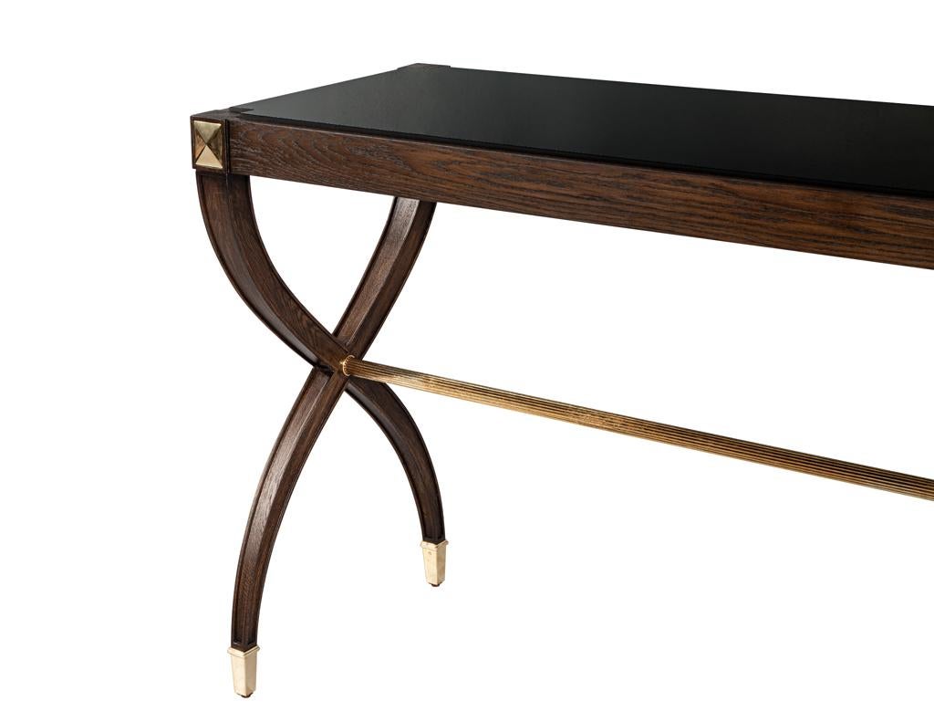 Contemporary Traditional Regency Walnut Console Table Black Glass Top For Sale