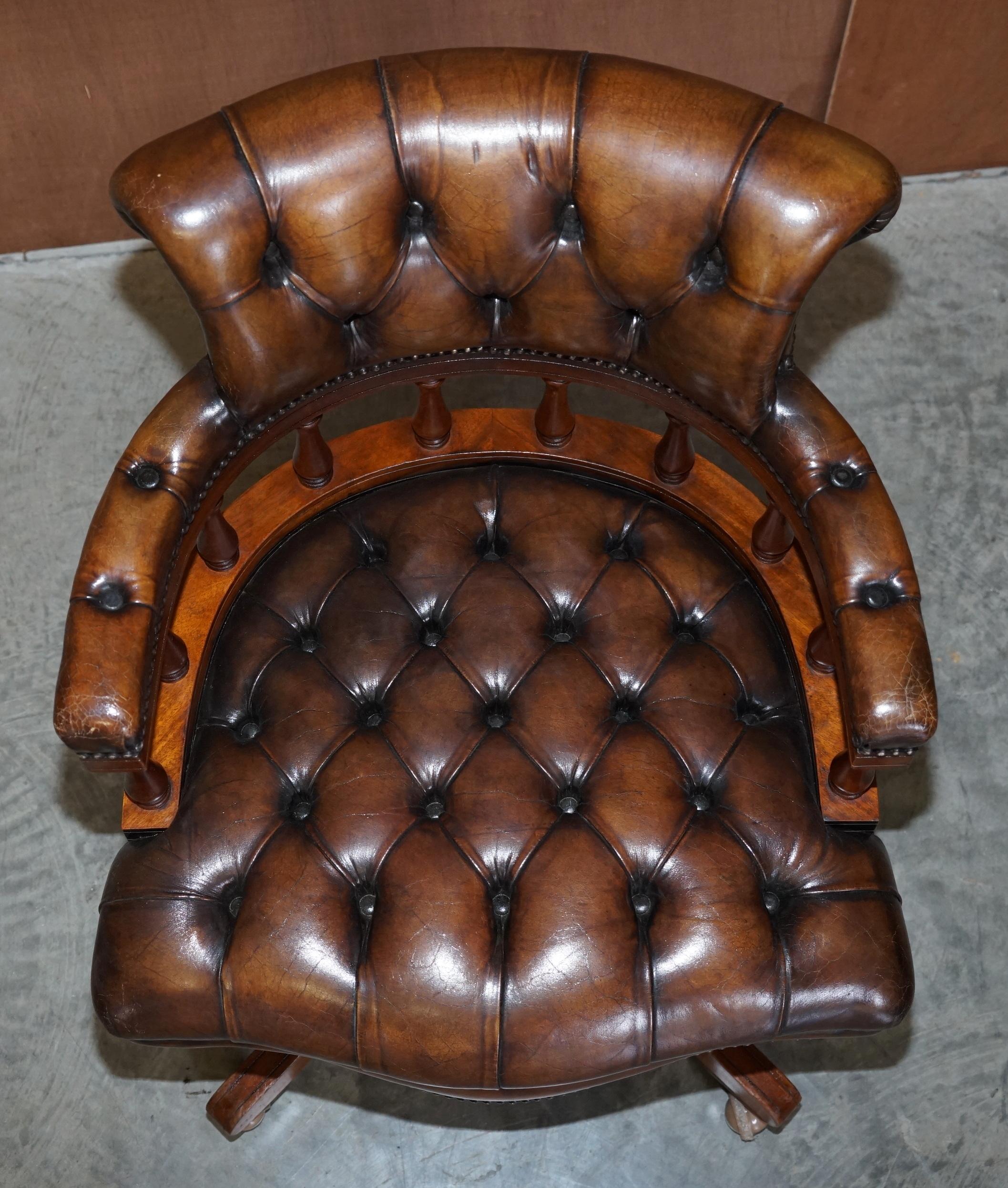 20th Century Traditional Restored Cigar Brown Leather Oak Chesterfield Captains Armchair For Sale