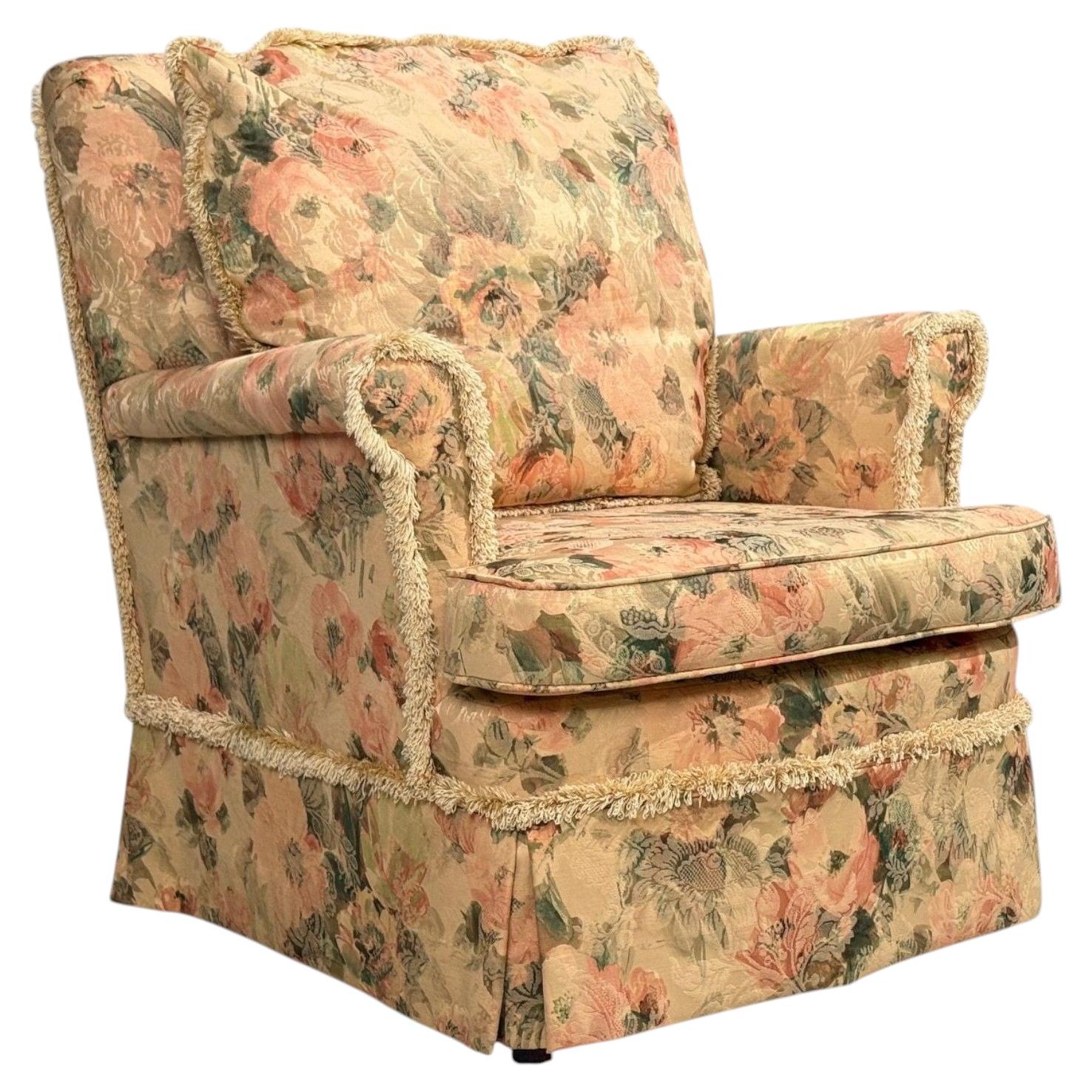 Traditional, Rolled Arm Lounge Chair, Floral Fabric, Wood, USA, 1980s