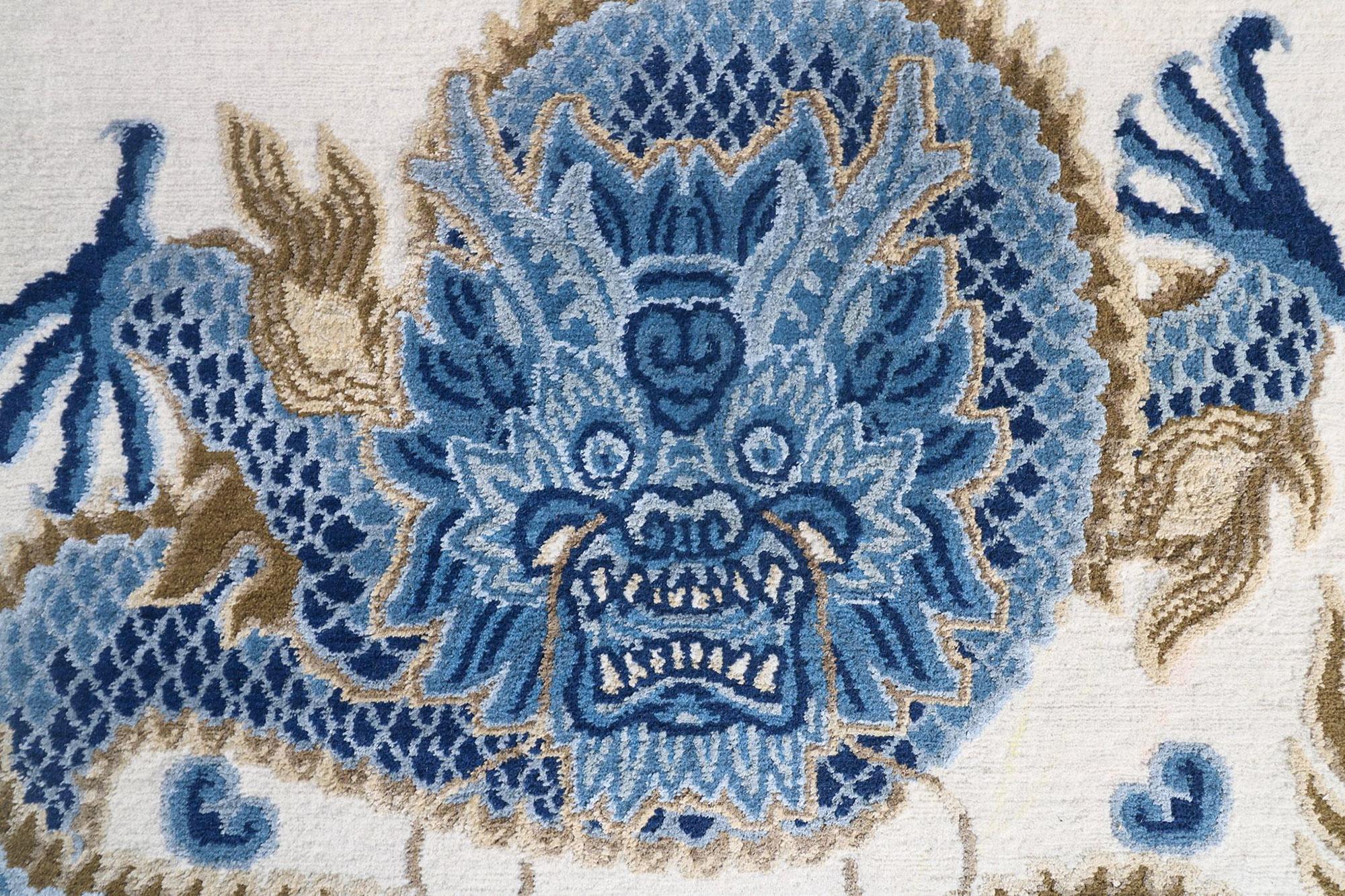 Nepalese Traditional Rug Chinoiserie natural Wool Silk - Temple Ceremony Chinese Blue For Sale