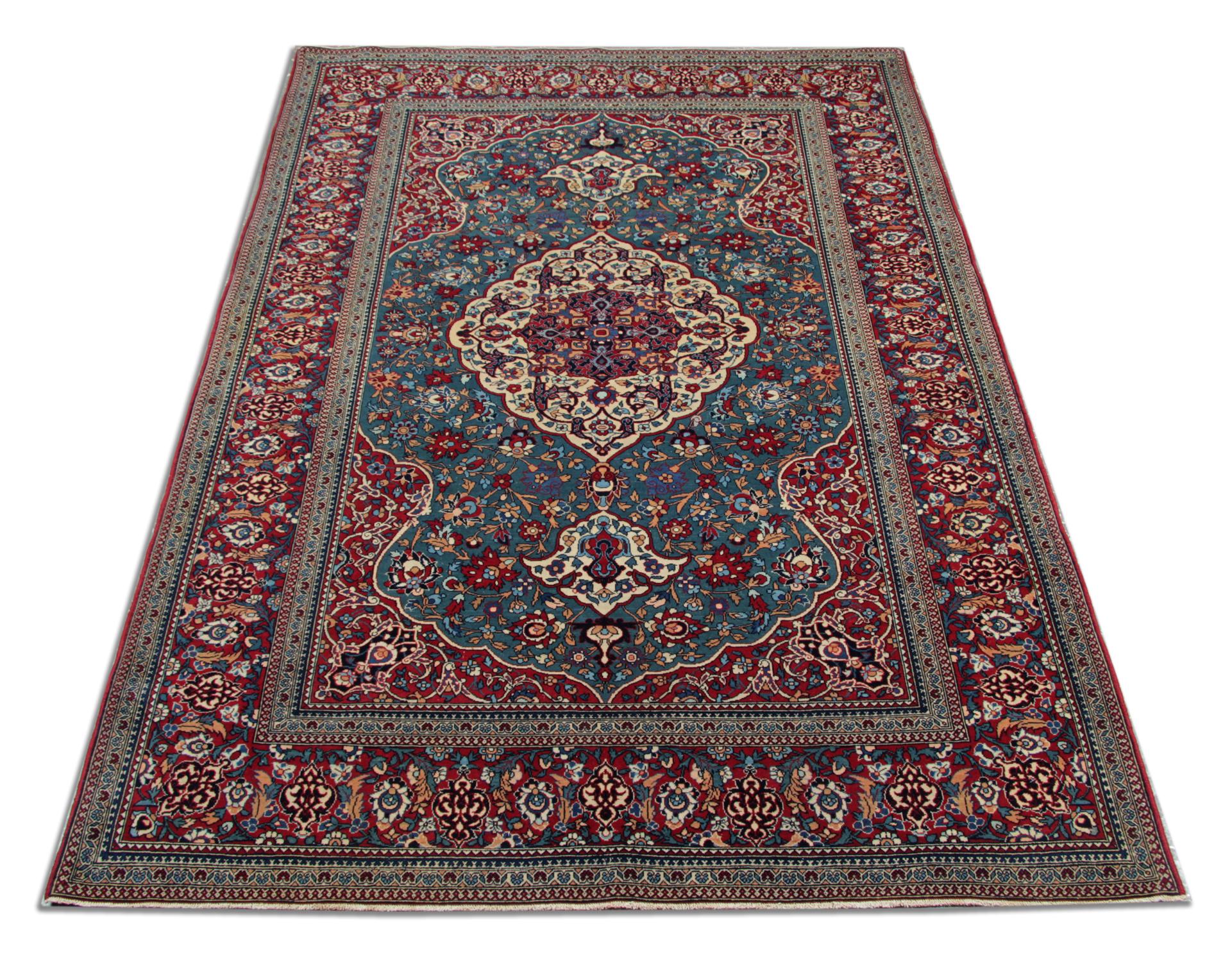 Hand-Woven Traditional Rug Handmade Teal Wool Carpet Oriental Antique Area Rug For Sale