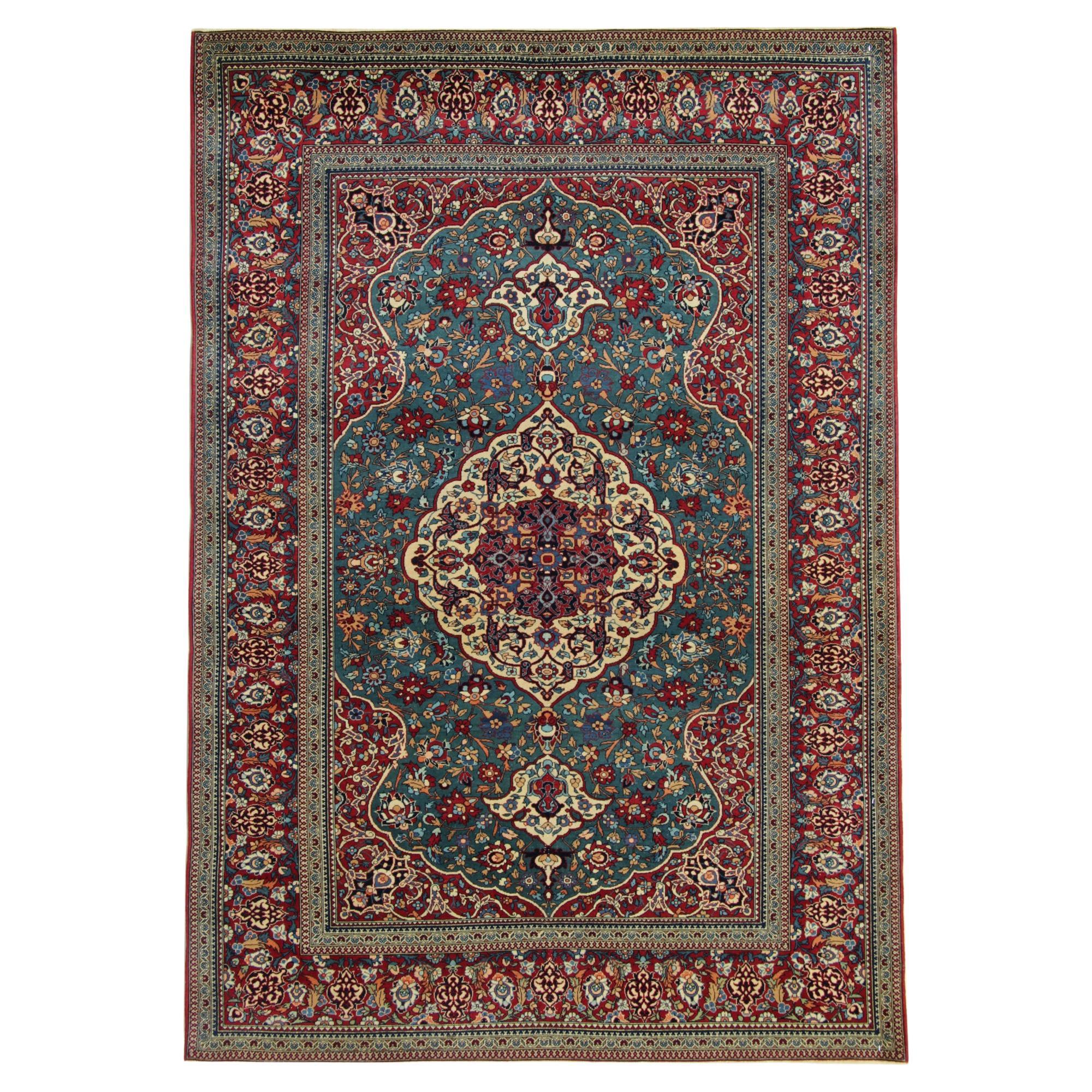 Traditional Rug Handmade Teal Wool Carpet Oriental Antique Area Rug For Sale